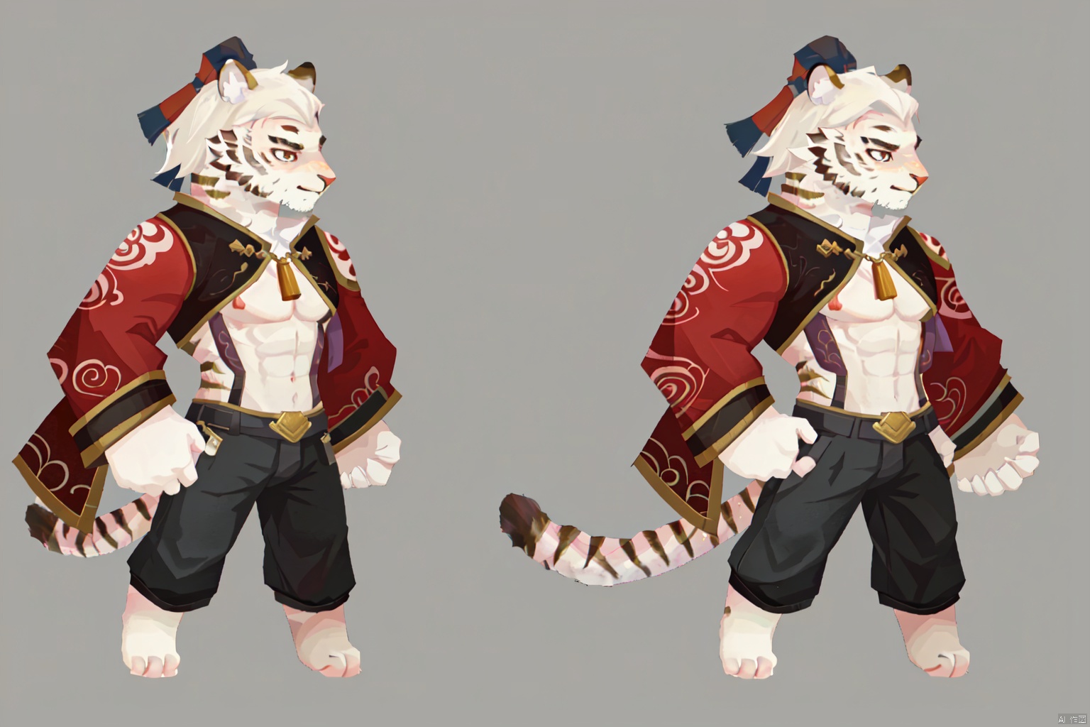 looking at viewer, smile, short hair, chinese clothes, cleavage, bare shoulders, 1boy, navel, animal ears, jacket, tail, full body, male focus, pants, stomach, completely , multiple views, muscular, abs, pectorals, muscular male, furry, large pectorals, hands on hips,orange tiger tail, white and black pants, furry male, reference sheet, white fur, tiger boy, color guide