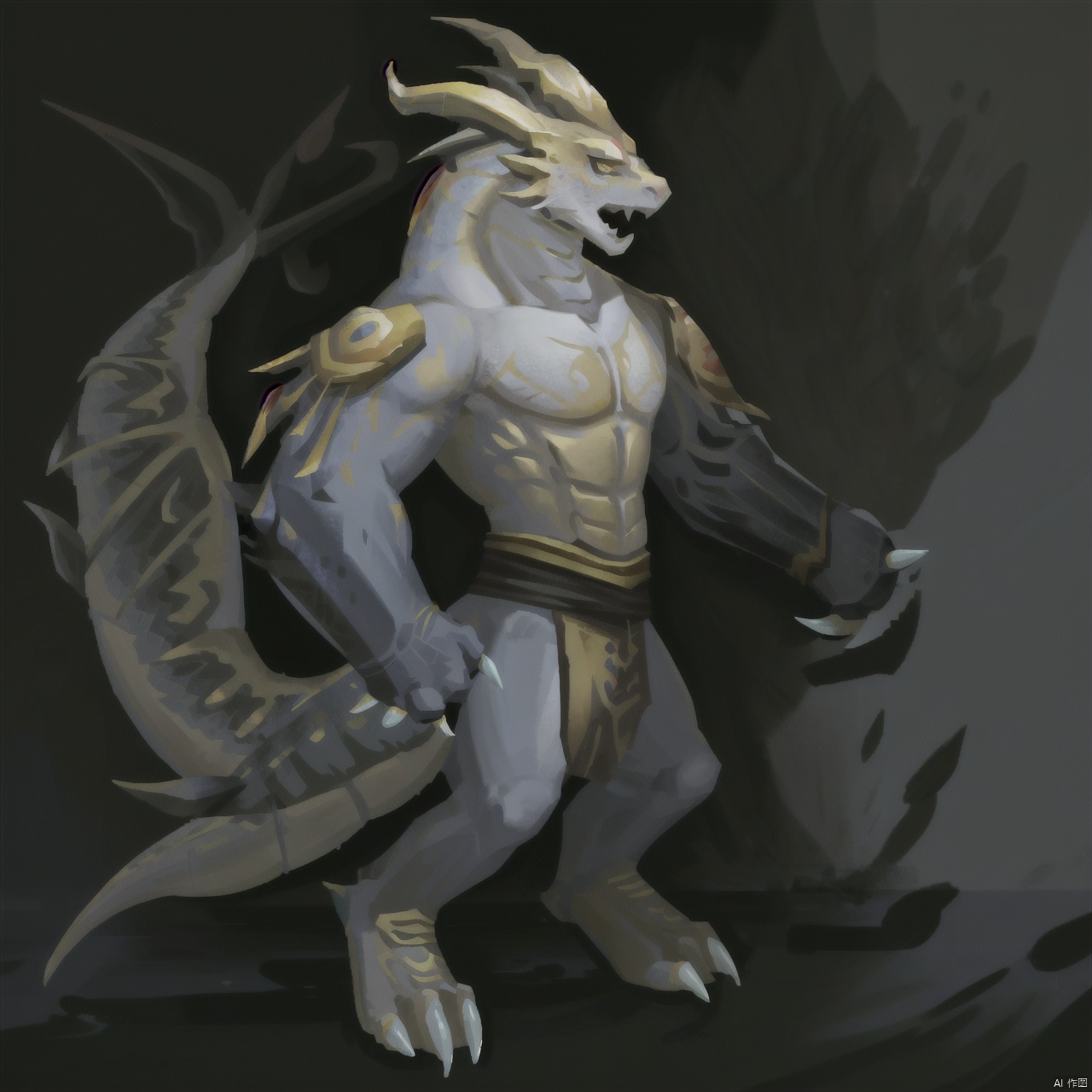 solo, 1boy,closed mouth, standing, full body, pokemon \(creature\), god, shadow, looking up, holy dragon,golden and white skin,dragon boy,claws, sand