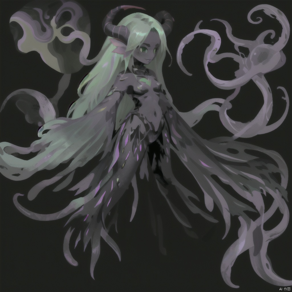 1girl, long hair, simple background, white background, green eyes, full body, green hair, see-through, multiple views, colored skin, monster girl, tentacle hair, reference sheet, black skin
