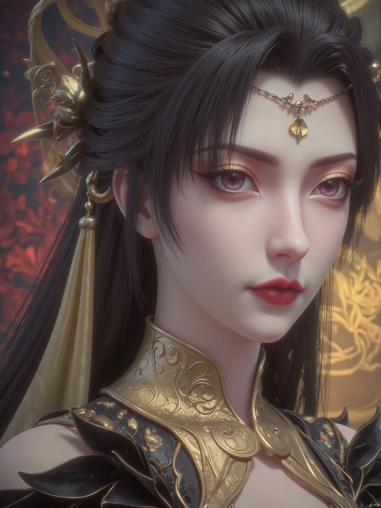 1 girl, solo, long black hair, golden eyeshadow, purple eyes, earrings, career lines, big boobs, Chinese ink painting, heavy black brushstrokes, elegant Shanghai women, luxurious fur coat, beautiful eyes, long eyelashes, Rose red lips, clean face, colorful ink background, soft, minimalist, HD, (ink style, firm)
