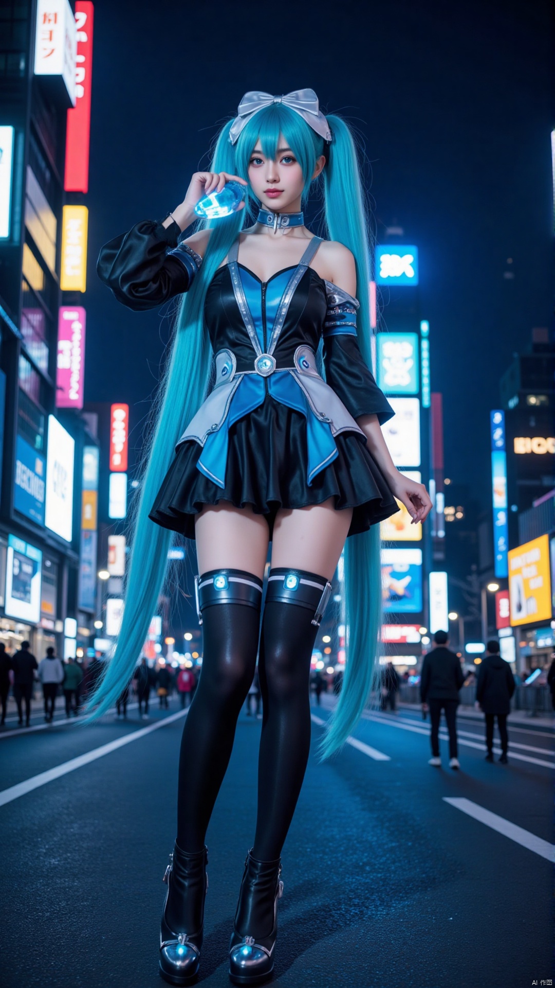 In a futuristic cityscape at night, a cosplayer embodies Hatsune Miku. Her twin - tails are a metallic silver - blue, shimmering under the neon lights. Her eyes are a deep blue, like the night sky. She's dressed in a sleek, form - fitting jumpsuit in a combination of electric blue and black. The jumpsuit has glowing blue accents and holographic patterns. She has black thigh - high boots with silver heels and blue lights on the sides. A silver headband with blue gemstones is on her head, and she's holding a glowing virtual microphone. The skyscrapers around her are lit up with colorful neon signs, adding to the high - tech feel.