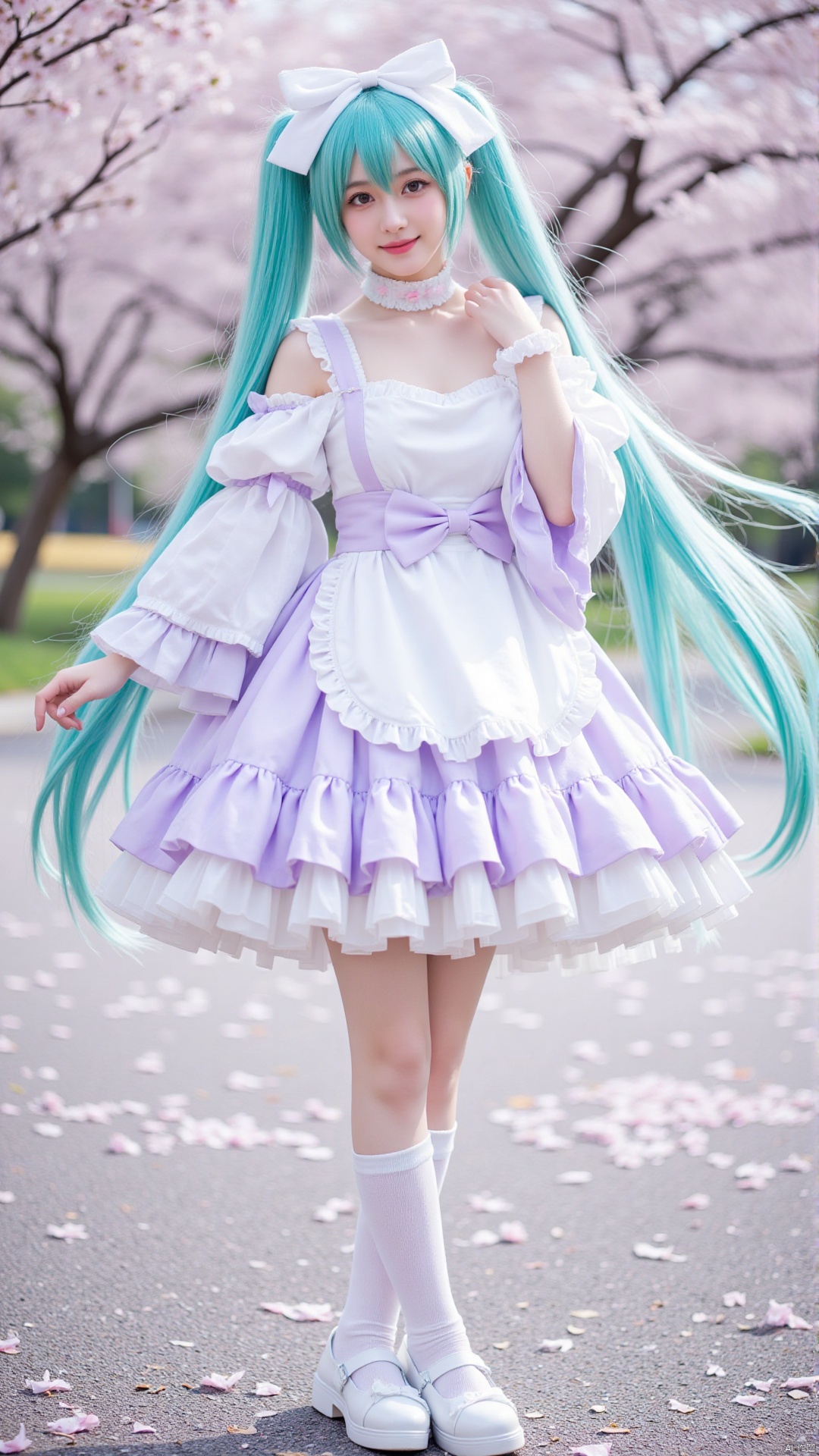 A cosplayer as Hatsune Miku stands in a cherry - blossom filled park. Her long, pastel - pink twin - tails flow gently, tied with large white bows. Her eyes are a soft pink, sparkling with charm. She's wearing a short, frilly dress in a gradient of lavender and white. The top part is a lavender, off - the - shoulder bustier with white lace trimmings, and the skirt is a flowing white tulle with lavender accents. She has white knee - high socks with pink ribbons and white Mary - Jane shoes. A dainty pink choker adorns her neck. The ground is covered with fallen cherry blossoms, and the trees in full bloom surround her, creating a dreamy atmosphere.