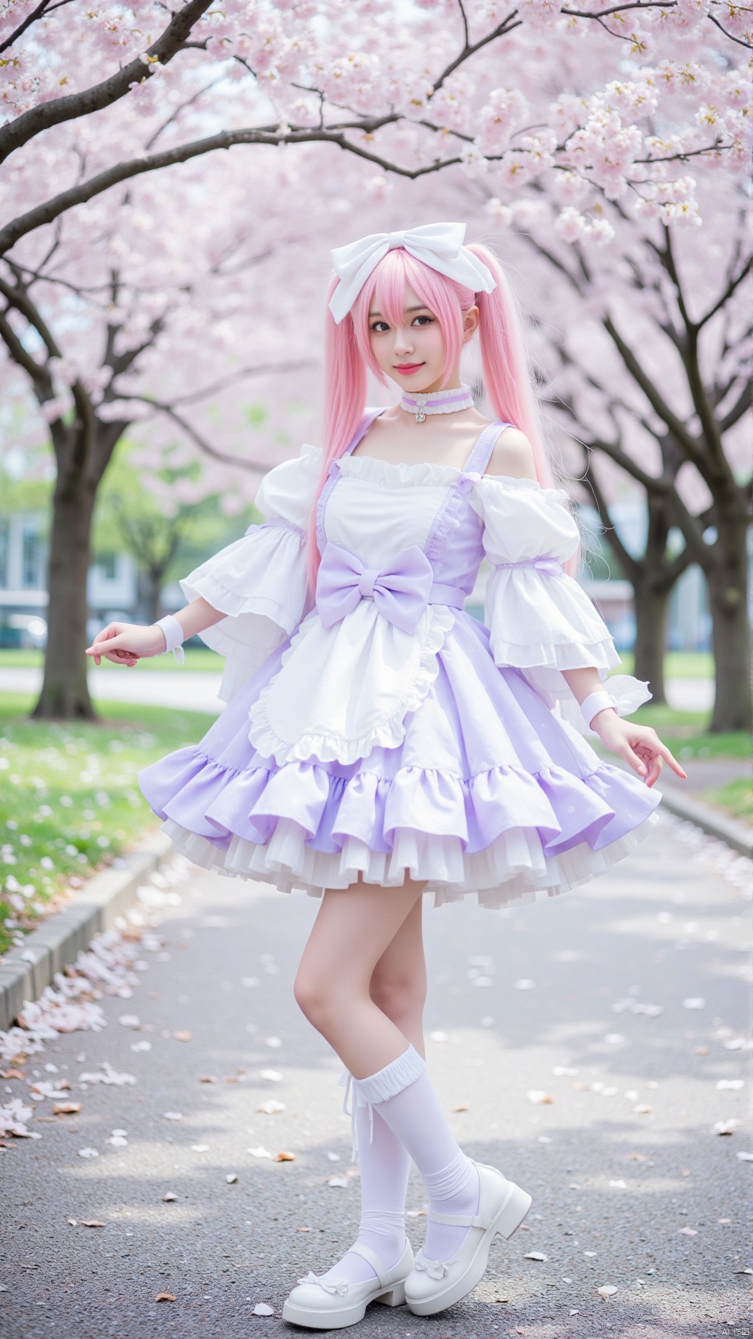 A cosplayer as Hatsune Miku stands in a cherry - blossom filled park. Her long, pastel - pink twin - tails flow gently, tied with large white bows. Her eyes are a soft pink, sparkling with charm. She's wearing a short, frilly dress in a gradient of lavender and white. The top part is a lavender, off - the - shoulder bustier with white lace trimmings, and the skirt is a flowing white tulle with lavender accents. She has white knee - high socks with pink ribbons and white Mary - Jane shoes. A dainty pink choker adorns her neck. The ground is covered with fallen cherry blossoms, and the trees in full bloom surround her, creating a dreamy atmosphere.