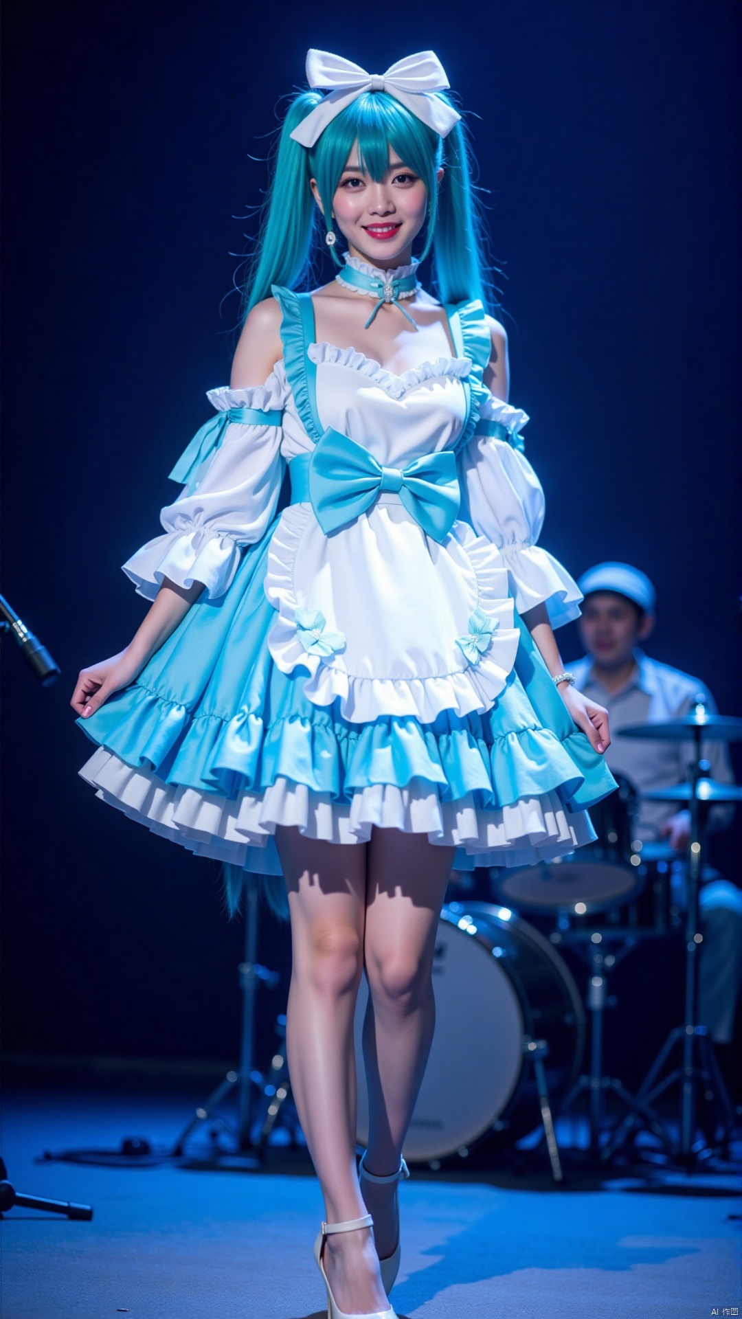 The image shows a young woman standing on a stage with a drum set in the background. She is wearing a blue and white dress with a large bow on the waist and a ruffled skirt. The dress has long sleeves and a full skirt that falls below her knees. She has long blue hair styled in a high ponytail with a white bow on top. The woman is wearing high heels and has a confident expression on her face. The stage is lit with blue lights and there is a microphone stand on the left side of the image.