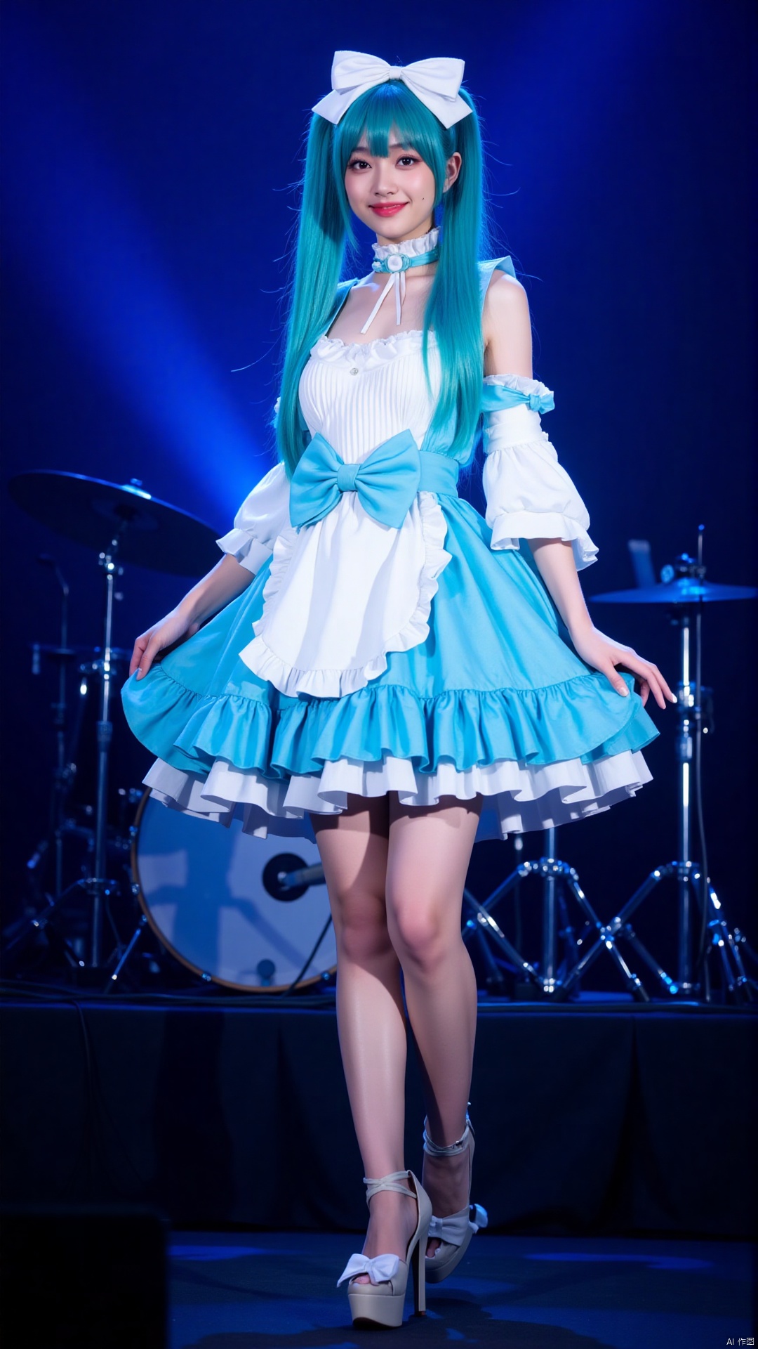 The image shows a young woman standing on a stage with a drum set in the background. She is wearing a blue and white dress with a large bow on the waist and a ruffled skirt. The dress has long sleeves and a full skirt that falls below her knees. She has long blue hair styled in a high ponytail with a white bow on top. The woman is wearing high heels and has a confident expression on her face. The stage is lit with blue lights and there is a microphone stand on the left side of the image.