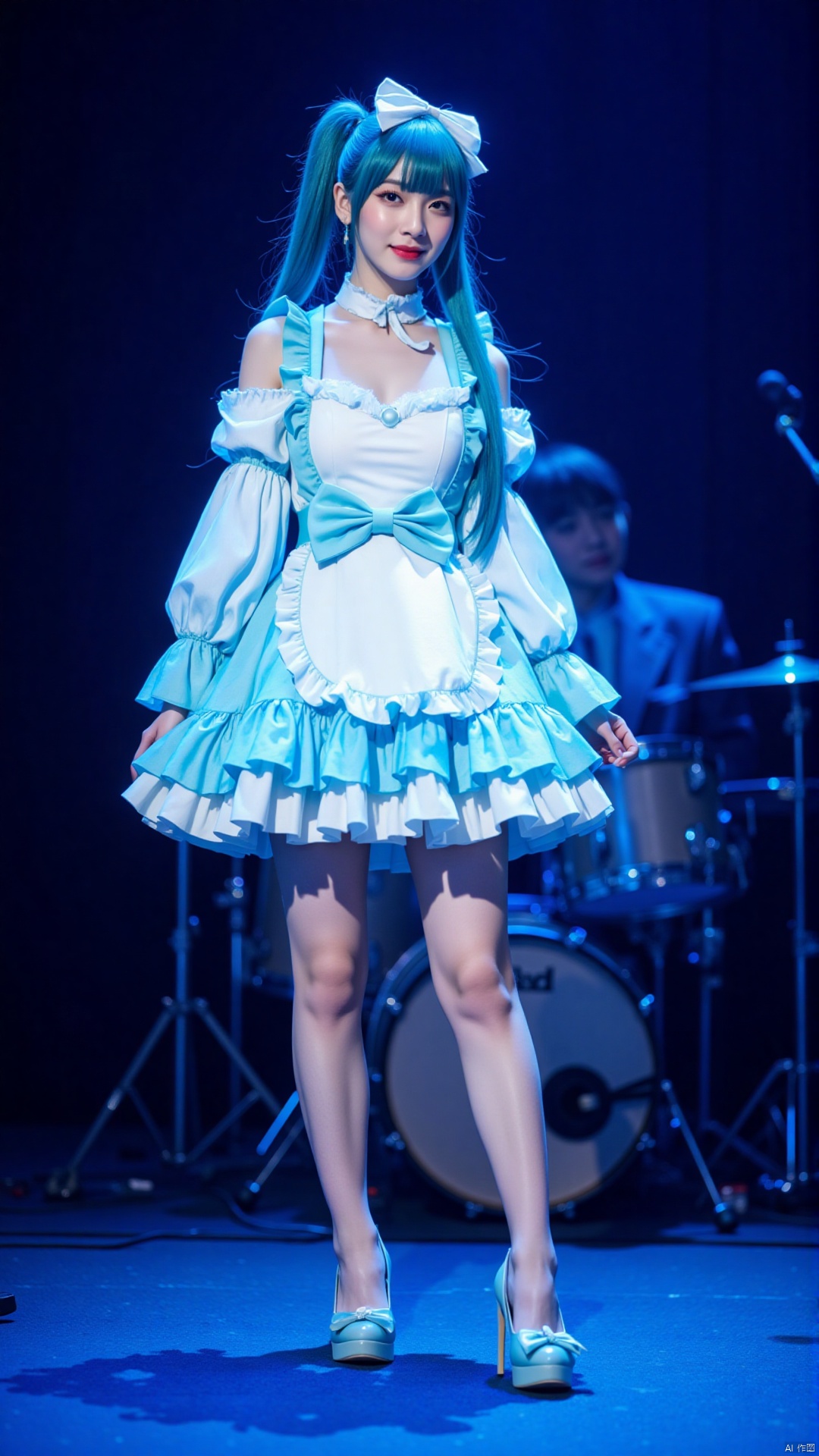 The image shows a young woman standing on a stage with a drum set in the background. She is wearing a blue and white dress with a large bow on the waist and a ruffled skirt. The dress has long sleeves and a full skirt that falls below her knees. She has long blue hair styled in a high ponytail with a white bow on top. The woman is wearing high heels and has a confident expression on her face. The stage is lit with blue lights and there is a microphone stand on the left side of the image.