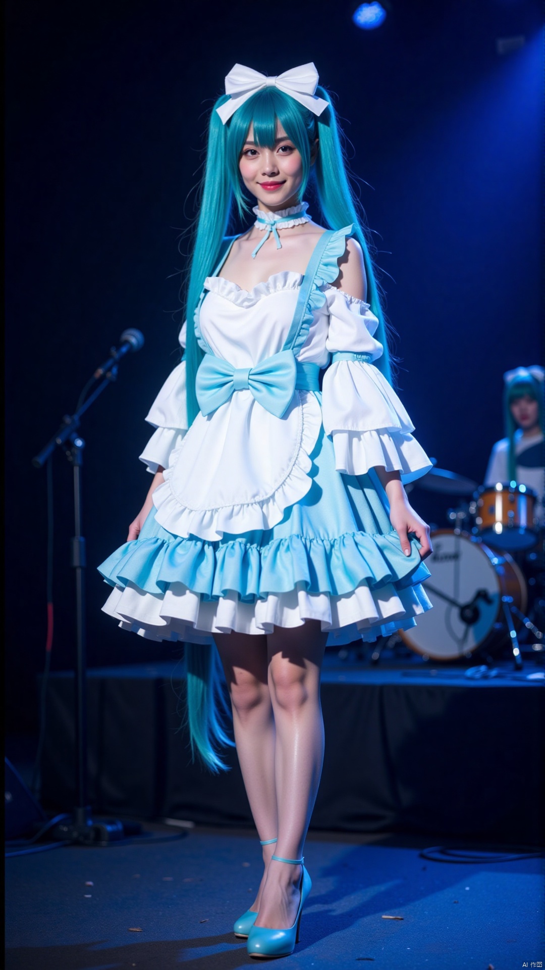 The image shows a young woman standing on a stage with a drum set in the background. She is wearing a blue and white dress with a large bow on the waist and a ruffled skirt. The dress has long sleeves and a full skirt that falls below her knees. She has long blue hair styled in a high ponytail with a white bow on top. The woman is wearing high heels and has a confident expression on her face. The stage is lit with blue lights and there is a microphone stand on the left side of the image.