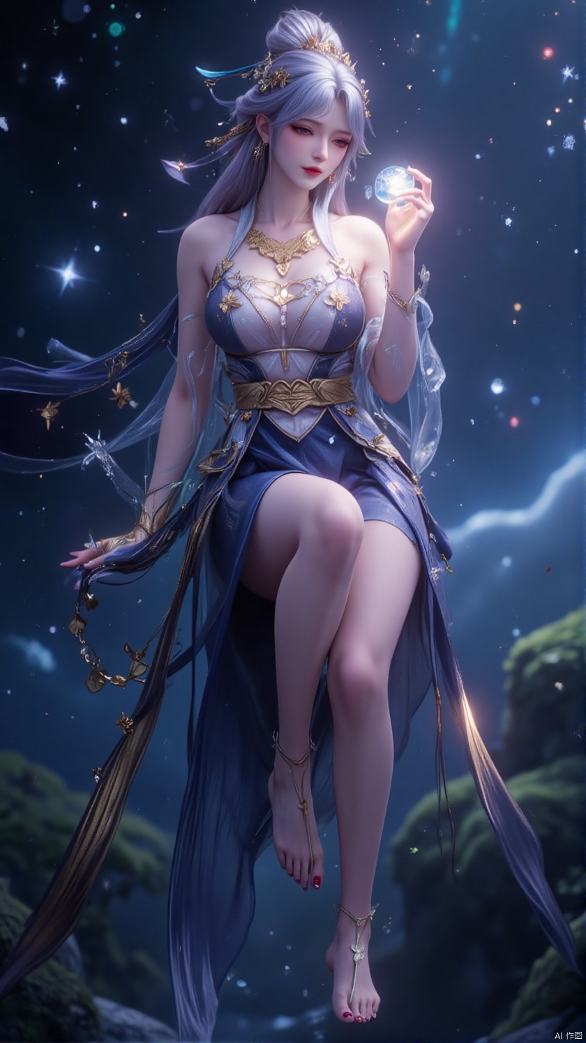 A mysterious oriental star fairy nymph, clad in a deep blue starlight-woven gown, adorned with twinkling starlight, holding a glowing star orb.

Background:

The fairy nymph hovers in a vast night sky, surrounded by countless twinkling stars and the galaxy, with a serene forest below, where tree branches shimmer faintly under starlight.

Color Tone:

The overall image is dominated by deep blue and silver, with stars in shimmering white and gold, the galaxy in soft blue-purple, and forest branches in dark green and fluorescent green.

