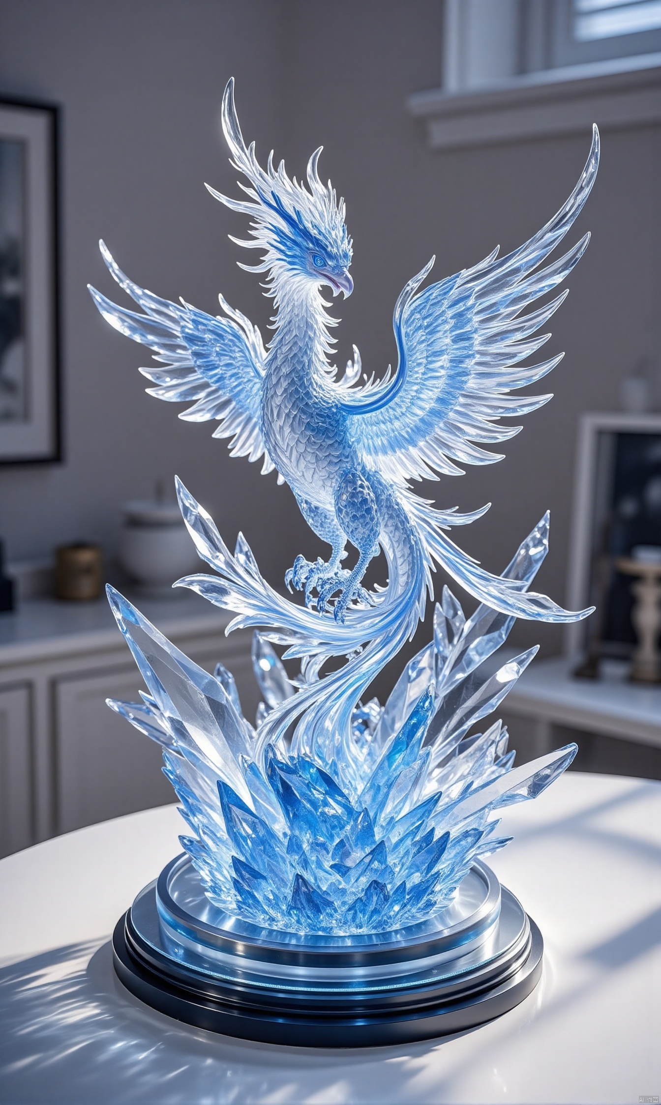 blue eyes, wings, artist name, indoors, no humans,  ice, crystal, phoenix,,ic_figurine,mythical animals