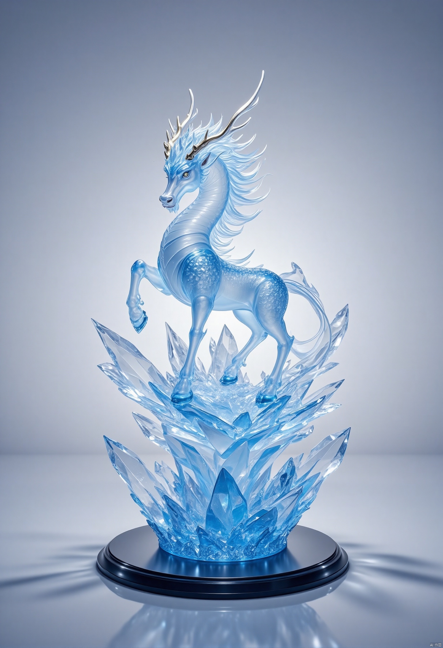 full body, horns, grey background, water, gradient, gradient background, no humans, watermark, ice, crystal,,ic_figurine,kirin,mythical animals