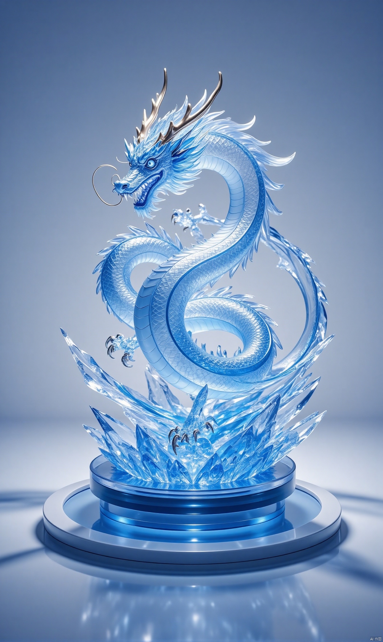 blue eyes, horns, grey background, water, no humans, reflection, ice, blue theme, dragon, eastern dragon, reflective floor,ic_figurine