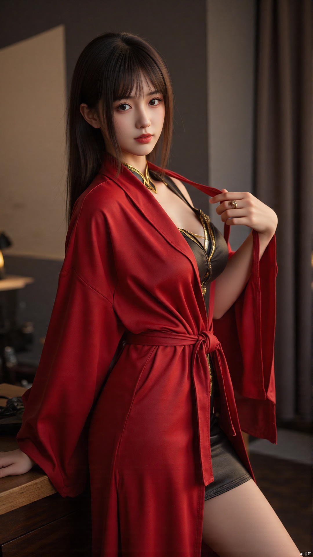 A stunning 18-year-old Chinese woman wraps herself in a vibrant red scarf,  posing seductively against a sleek,  modern ba...