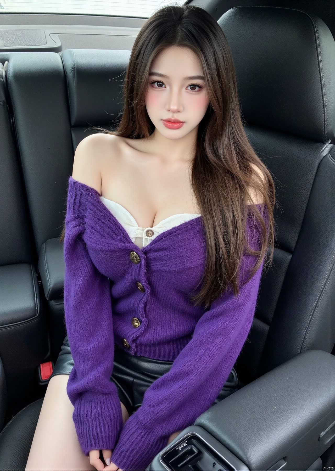 Realistic photo, one young woman, long hair, fair skin, big breast, off shoulder purple sweater, short leather skirt, upper body, sitting inside Porsche car seat,
