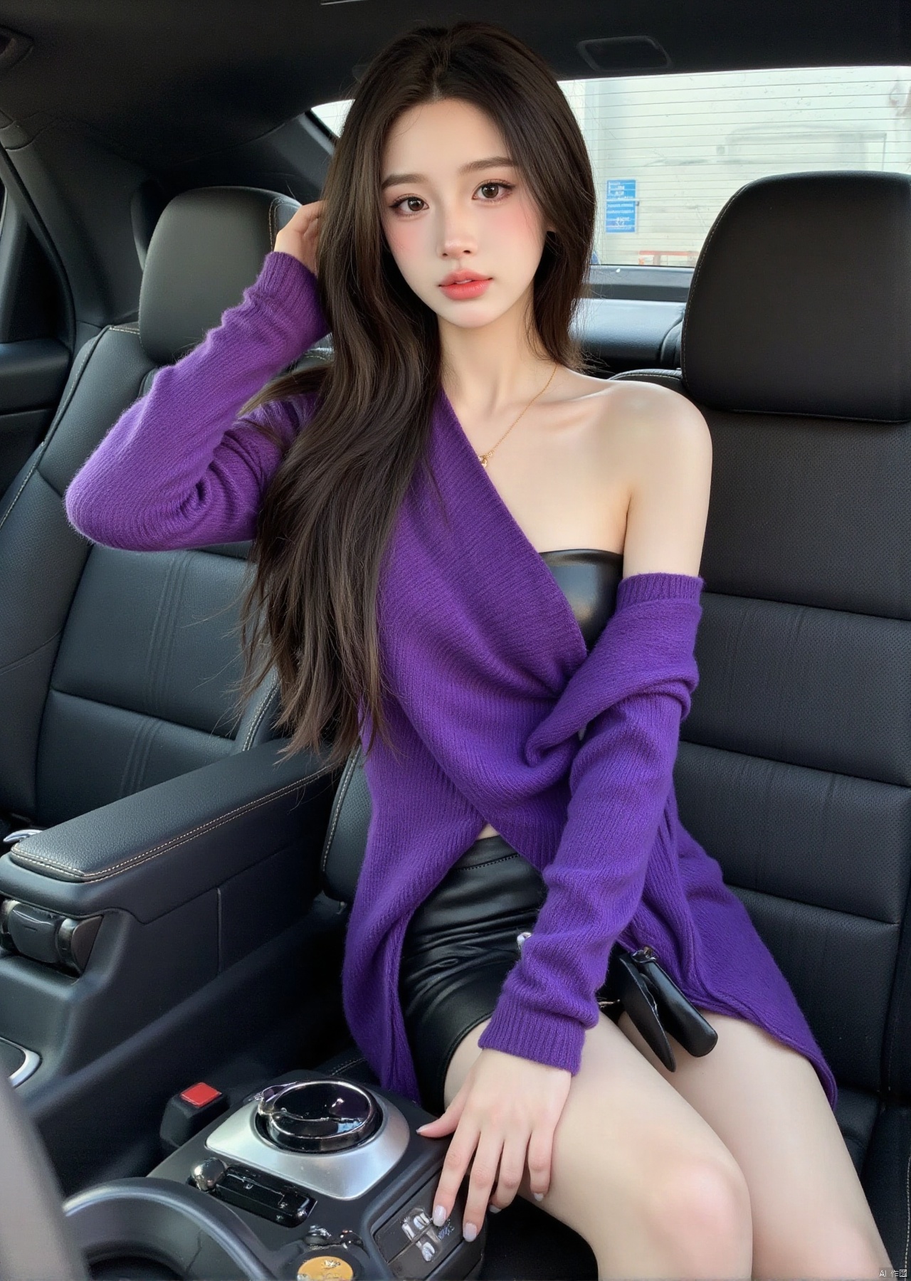 Realistic photo, one young woman, long hair, fair skin, big breast, off shoulder purple sweater, short leather skirt, upper body, sitting inside Porsche car seat,
