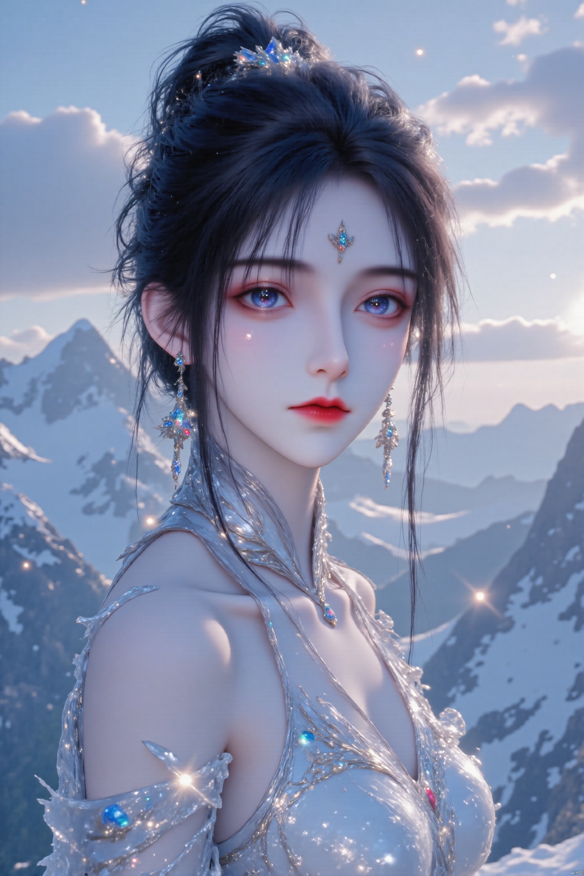 Close-up shot of a young girl standing at the summit of a majestic mountain, her slender figure encased in a delicate dress crafted from gleaming ice. The pre-dawn sky behind her is a kaleidoscope of pinks and oranges, with the sun slowly rising above the horizon. The girl's gaze is fixed on the breathtaking vista, her expression serene as she basks in the glory of the new day. 