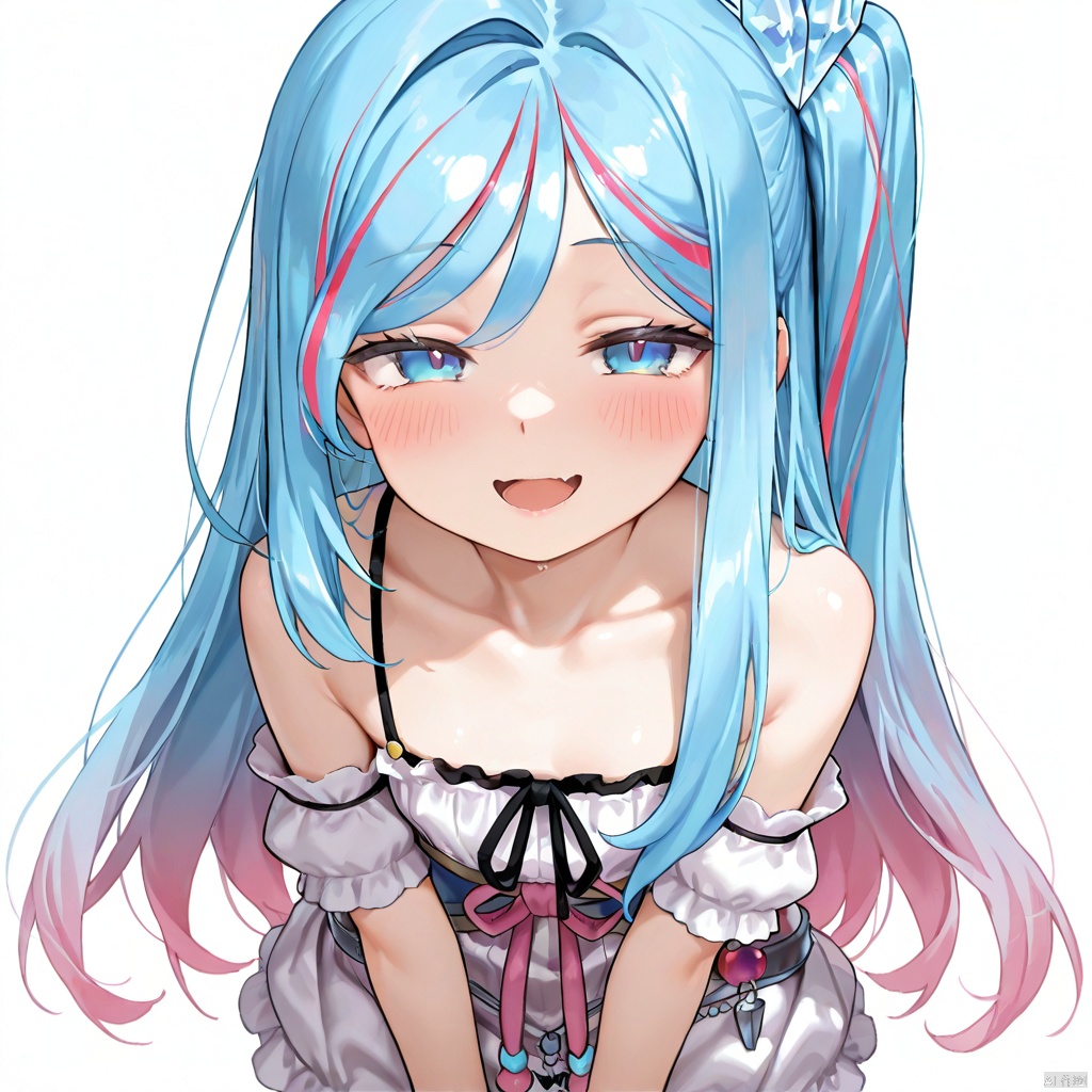 masterpiece, best quality, high quality, Witchcrafter Madame Verre \(ygo\), 1girl, solo, long hair, looking at viewer, blush, smile, open mouth, blue eyes, dress, bare shoulders, blue hair, pink hair, gradient hair, loli, white background,simple background,