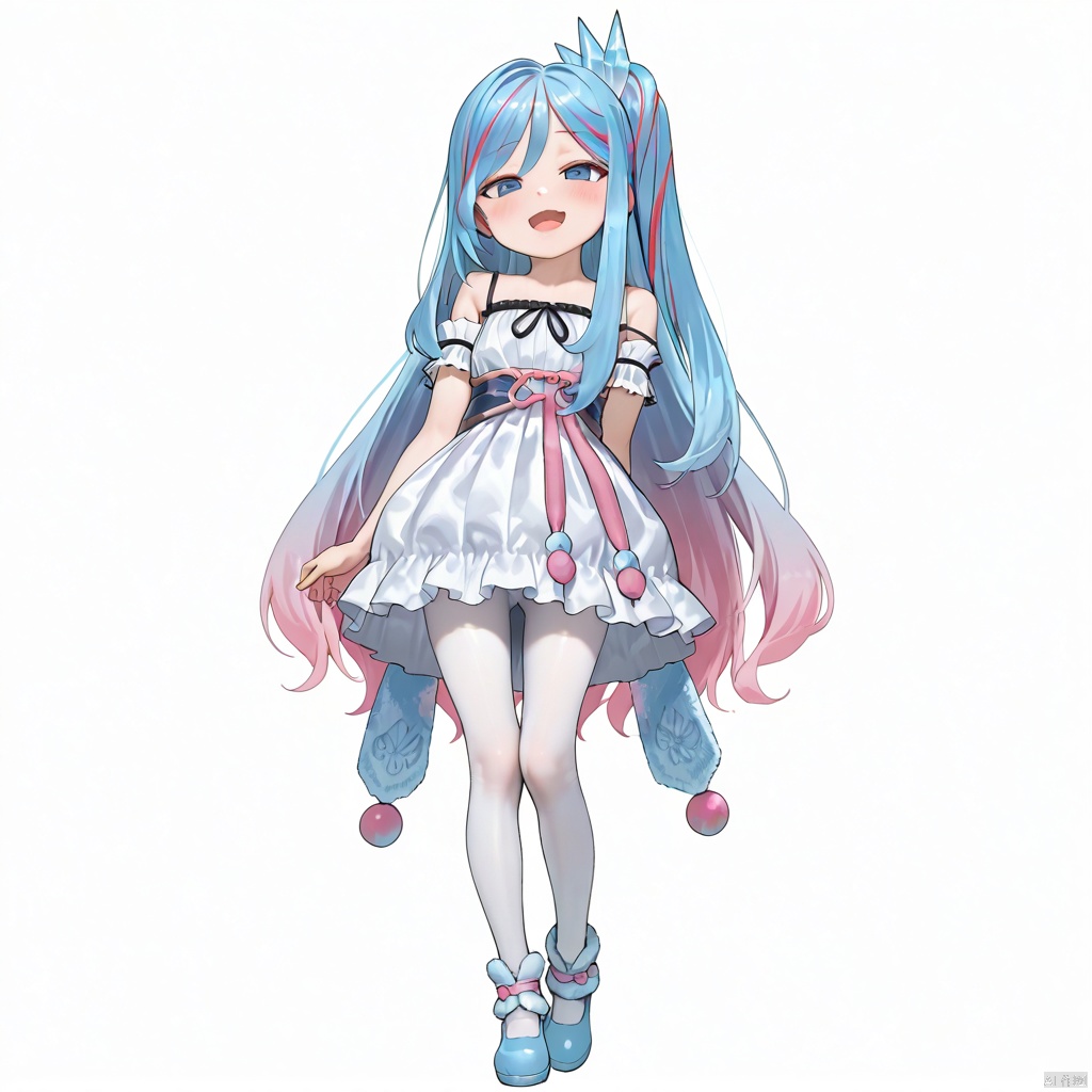 masterpiece, best quality, high quality, Witchcrafter Madame Verre \(ygo\), 1girl, solo, long hair, looking at viewer, blush, smile, open mouth, blue eyes, dress, bare shoulders, blue hair, pink hair, multicolored hair, gradient hair, white pantyhose, blue footwear, standing, loli, white background,simple background,