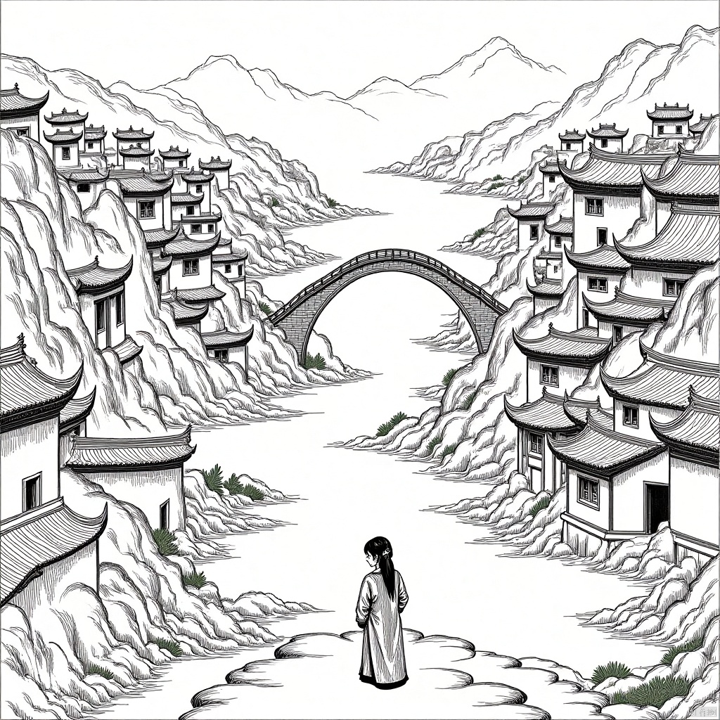 Chinese ink painting, city, a girl, figure, ancient costume,