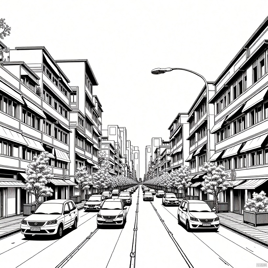 Chinese ink painting, modern city, automobile,