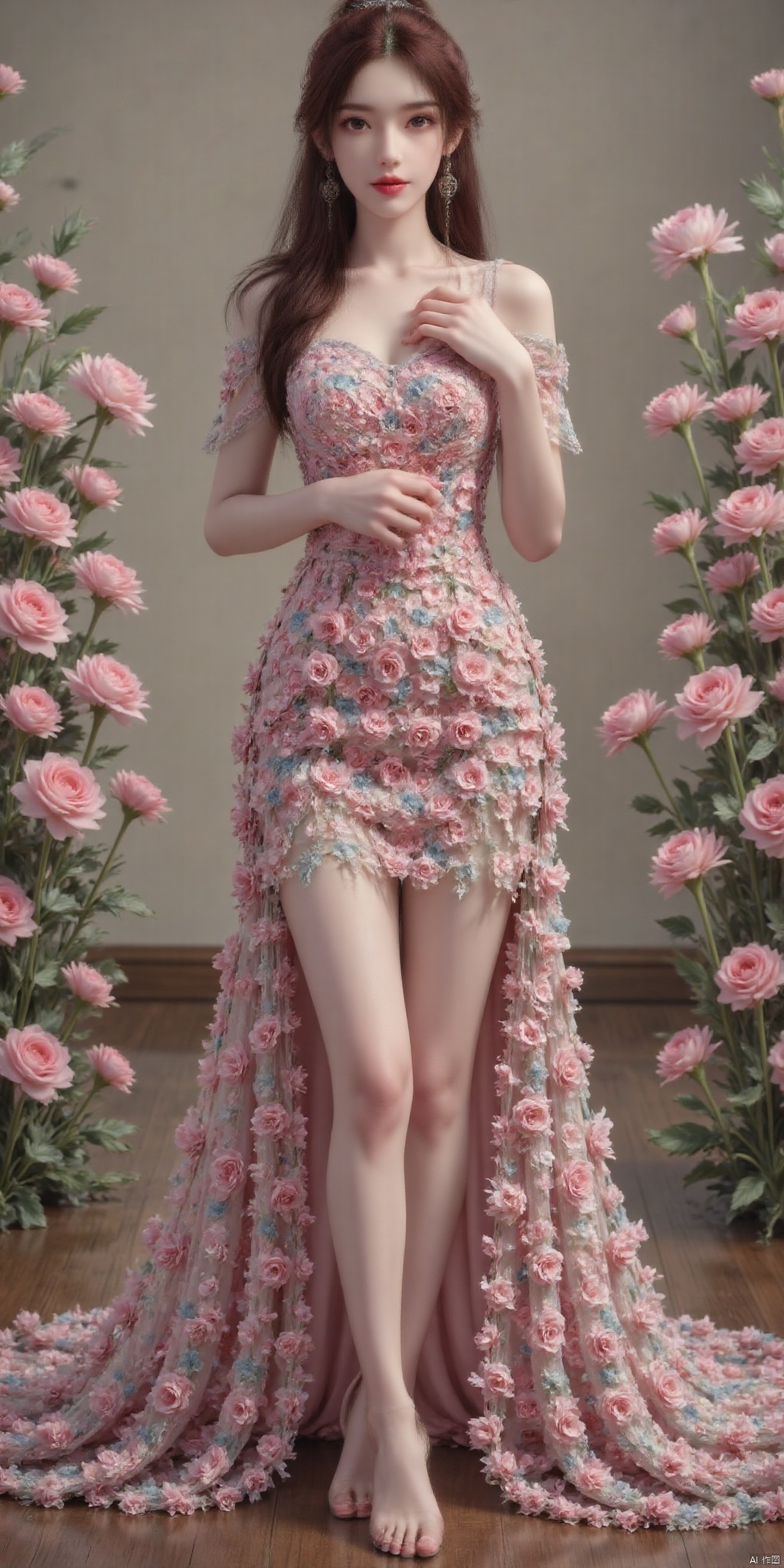 真人肌肤纹理, 4K画质,,1girl,looking_at_viewer,,super long legs , ,realistic,,pose for picture,Dynamic posture,peafect body ,良好解剖结构,,yeqingxian,brown hair,flowers,dress, flowers dress