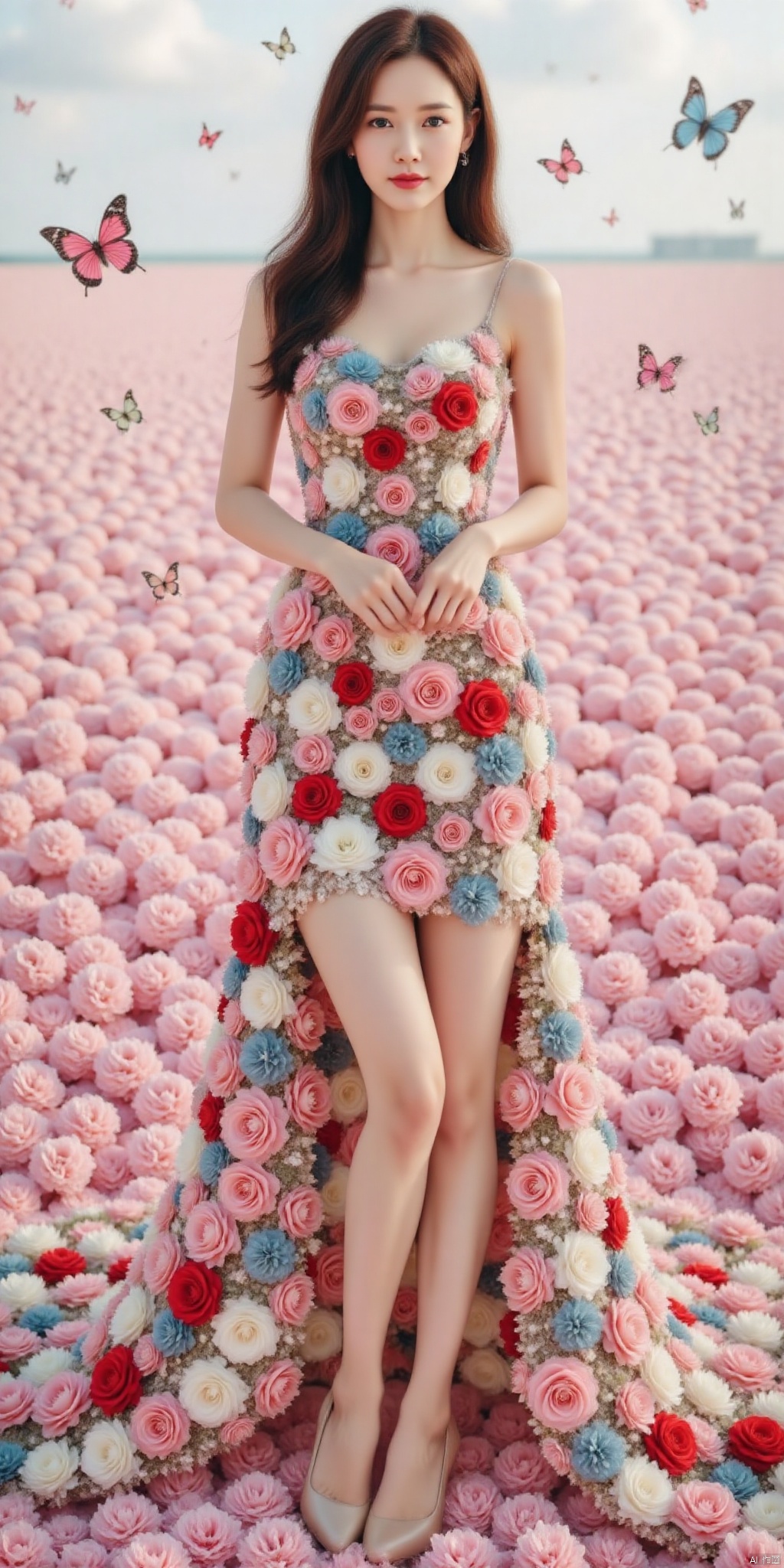 真人肌肤纹理, 4K画质,完美身材,1girl,looking_at_viewer,,big_breasts, high_heel,super long legs, 
The image depicts a woman standing Flower Sea. 
She is wearing a stunning, floral-themed dress that is heavily adorned with various types of flowers, including roses, peonies, and other blossoms in shades of red, pink, white, and blue. 
various types of flowers that extends into a train of flowers dress.
Her hair is styled in loose waves and is decorated with small, colorful flowers that match the theme of her dress. 
The background is ((sea of pink flowers,with butterflies everywhere.,fluttering butterflies in the sky,colorful auspicious clouds,)), which makes the vibrant colors of the flowers and the dress stand out more prominently.
The overall scene has a whimsical and elegant feel,  flowers creating a harmonious and visually captivating composition.