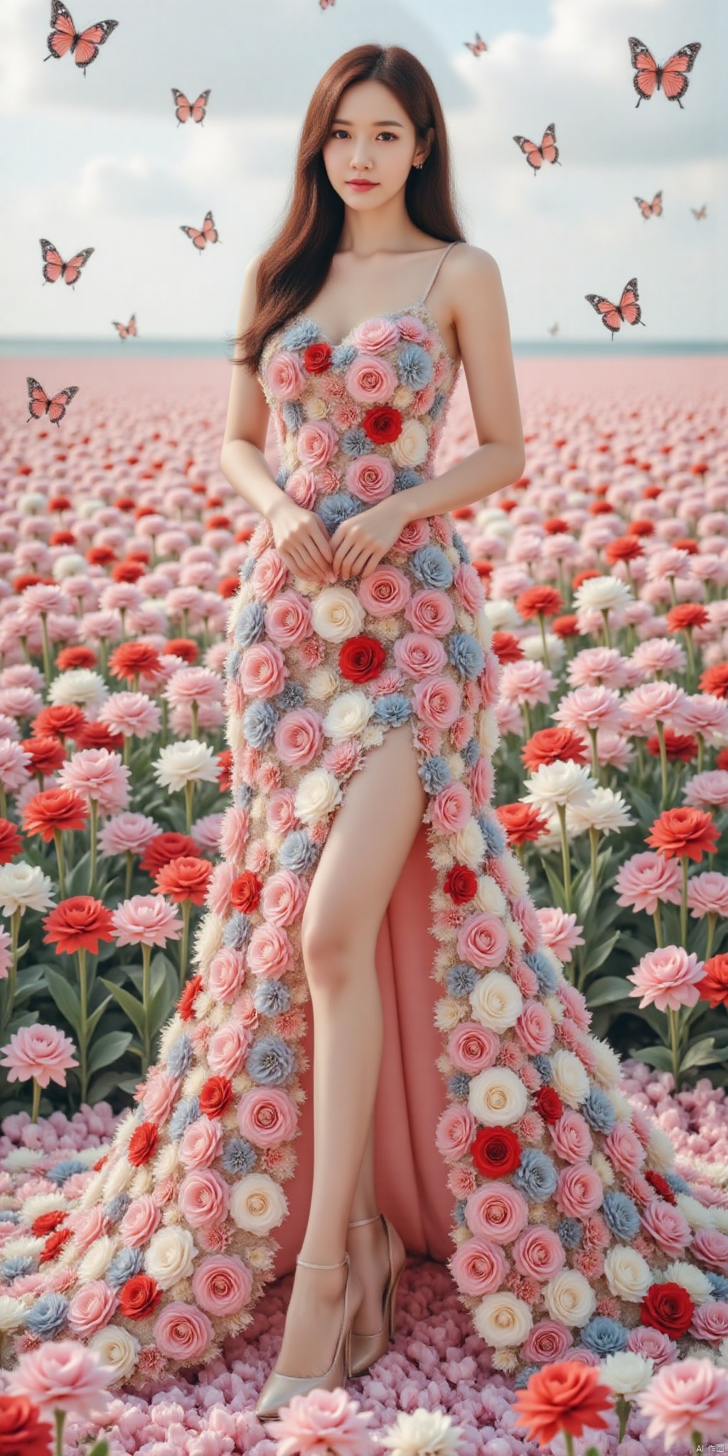 真人肌肤纹理, 4K画质,完美身材,1girl,looking_at_viewer,,big_breasts, high_heel,super long legs, 
The image depicts a woman standing Flower Sea. 
She is wearing a stunning, floral-themed dress that is heavily adorned with various types of flowers, including roses, peonies, and other blossoms in shades of red, pink, white, and blue. 
various types of flowers that extends into a train of flowers dress.
Her hair is styled in loose waves and is decorated with small, colorful flowers that match the theme of her dress. 
The background is ((sea of  flowers,with butterflies everywhere.,fluttering butterflies in the sky,colorful auspicious clouds,)), which makes the vibrant colors of the flowers and the dress stand out more prominently.
The overall scene has a whimsical and elegant feel,  flowers creating a harmonious and visually captivating composition.