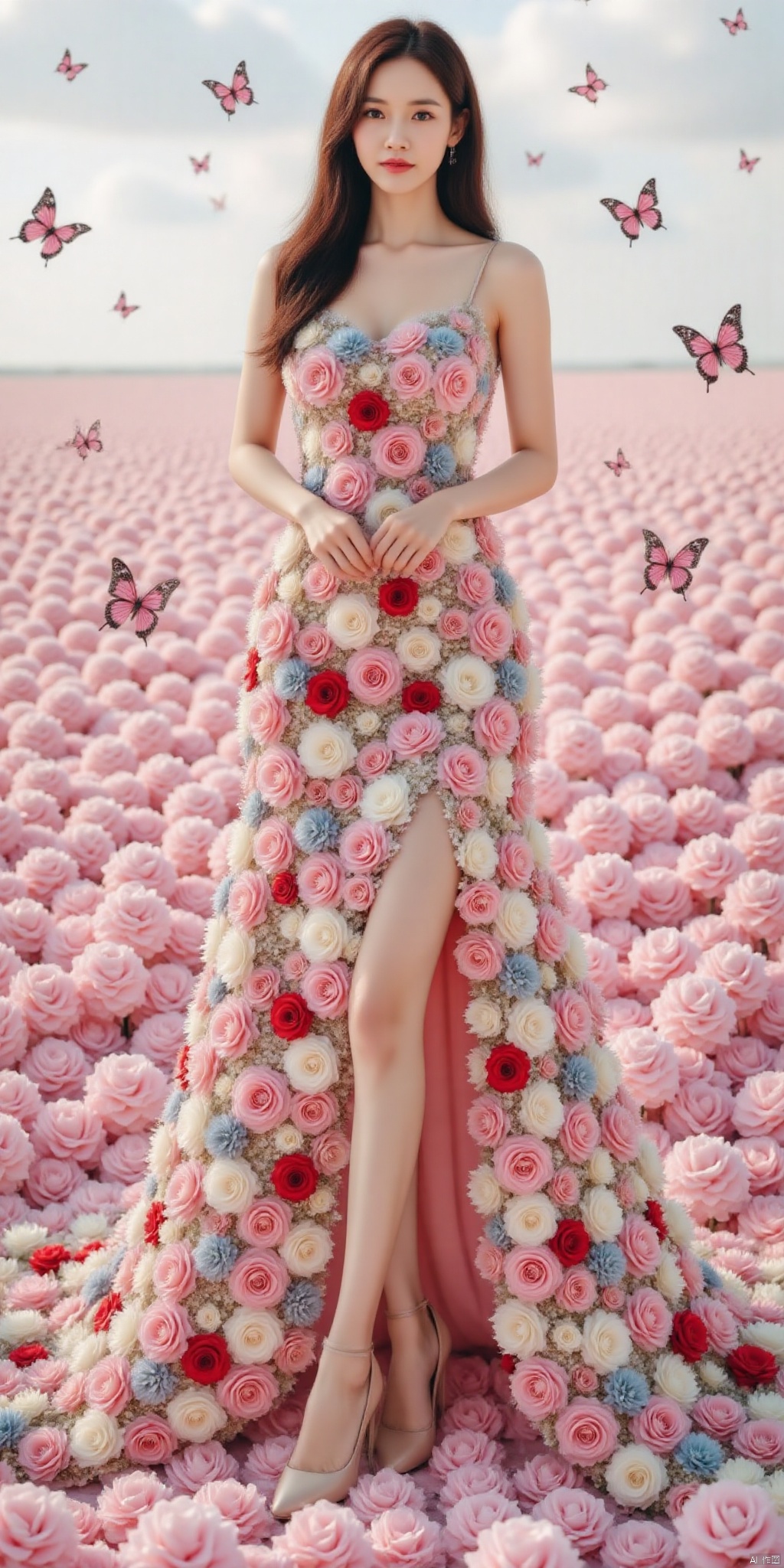 真人肌肤纹理, 4K画质,完美身材,1girl,looking_at_viewer,,big_breasts, high_heel,super long legs, 
The image depicts a woman standing Flower Sea. 
She is wearing a stunning, floral-themed dress that is heavily adorned with various types of flowers, including roses, peonies, and other blossoms in shades of red, pink, white, and blue. 
various types of flowers that extends into a train of flowers dress.
Her hair is styled in loose waves and is decorated with small, colorful flowers that match the theme of her dress. 
The background is ((sea of pink flowers,with butterflies everywhere.,fluttering butterflies in the sky,colorful auspicious clouds,)), which makes the vibrant colors of the flowers and the dress stand out more prominently.
The overall scene has a whimsical and elegant feel,  flowers creating a harmonious and visually captivating composition.