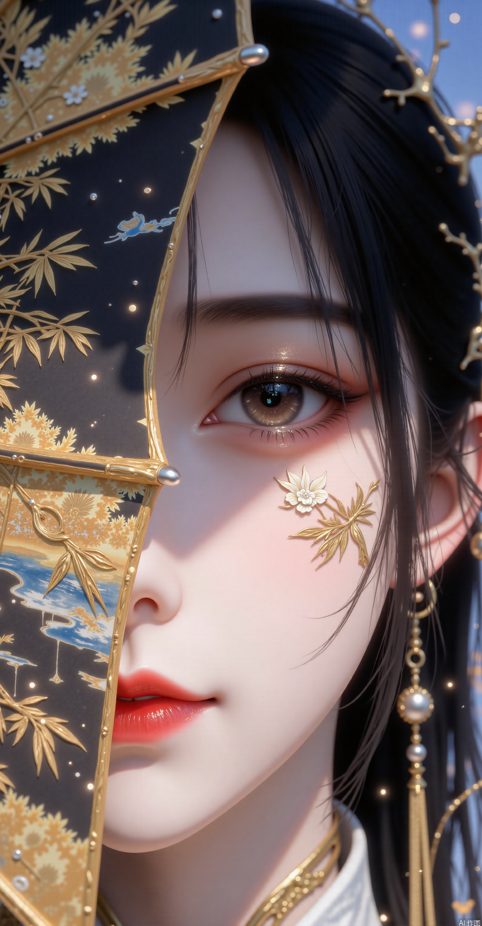 Studying abroad,misty,misty,studying abroad,fine clouds in the sky,misty,misty,a lady,misty,seeing the eyebrows,eyes,and skin clearly,(face painting,face tattoo)A close-up of a woman's eyes.Half of the woman's face is obscured by an umbrella embroidered with a golden bamboo forest,rain,dew,and flowers.The umbrella is supported by a gold rim hanging from the right side of the umbrella frame.The light in the foreground is soft,creating an eye-level effect.Black hair.