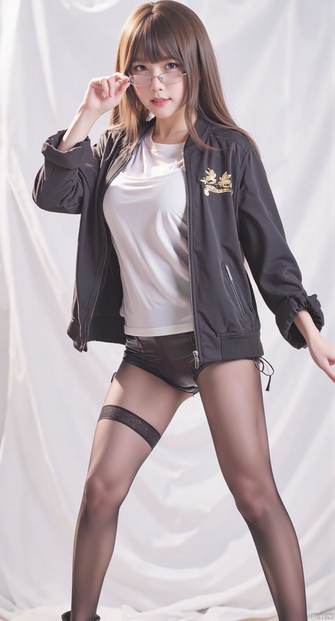 1girl, long hair, brown hair, black hair,standing, jacket, pantyhose, glasses, shorts