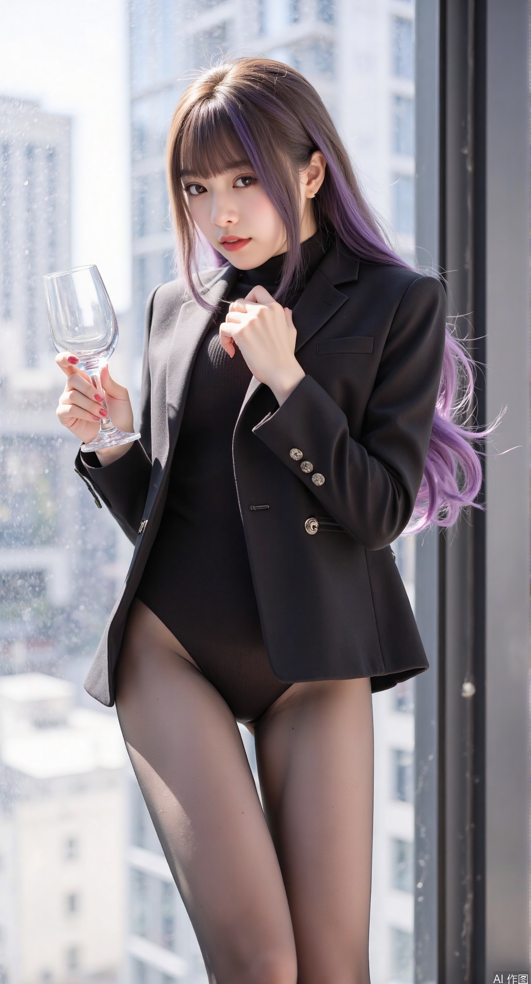 1girl, long hair, brown hair, purple black hair, standing, black jacket, black shine pantyhose, glass