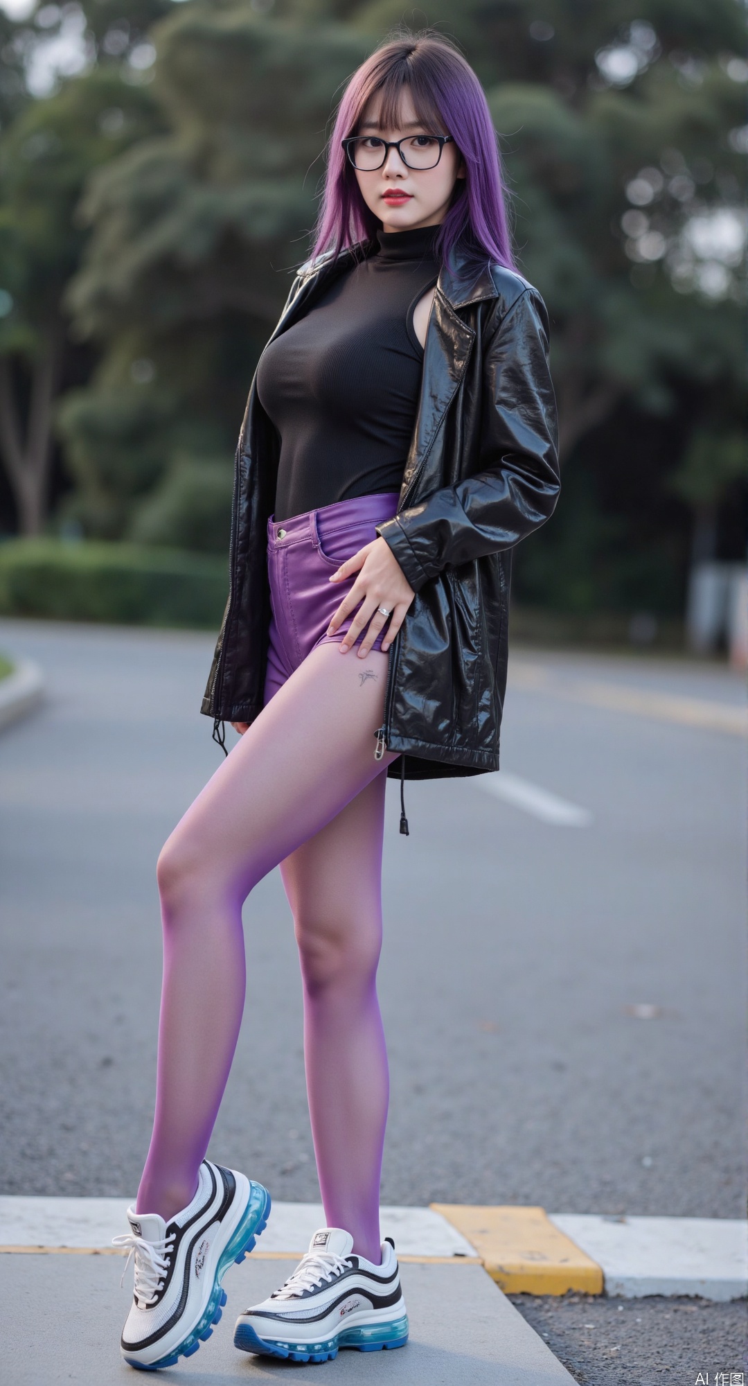 1girl, long hair, purple black hair, standing, black shiny jacket,purple black shiny pantyhose,with black frames glasses,White blue platform sports shoes.long legs