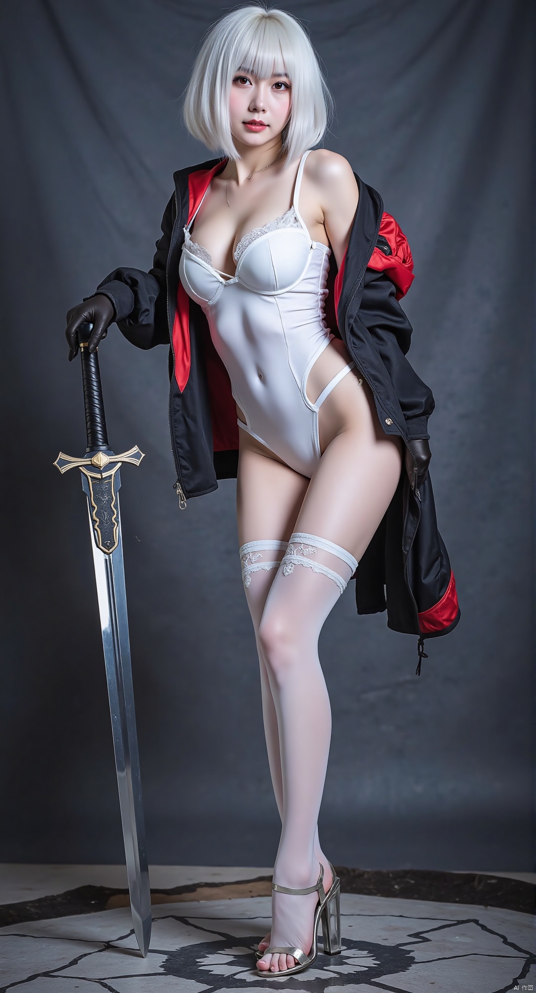 In a cinematic - textured scene, a real female character stands alone in the center of the frame. She has an attractive bust and sporty short hair. Her striking red eyes contrast with her snow - white hair. She is wearing a form - fitting jacket that tastefully reveals her cleavage. On her hands are delicate gloves, and on her legs are white thigh - high stockings, creating an alluring zettai ryouiki with the skin of her thighs. The stockings are adorned with delicate garter straps. In her hand, she holds a sword, with every detail of the weapon looking realistic, and the blade glinting with a cold light. The overall styling is distinct, as if she stepped out of a fantasy movie scene. The image style is similar to the realistic shooting techniques of Hollywood movies, capturing every detail, including the texture of the clothing materials, the luster of the hair strands, and the resolute expression in the character's eyes, perfectly integrating fantasy and reality.Transparent high heels squatting.lying,Reclinging with slightly bent legs
