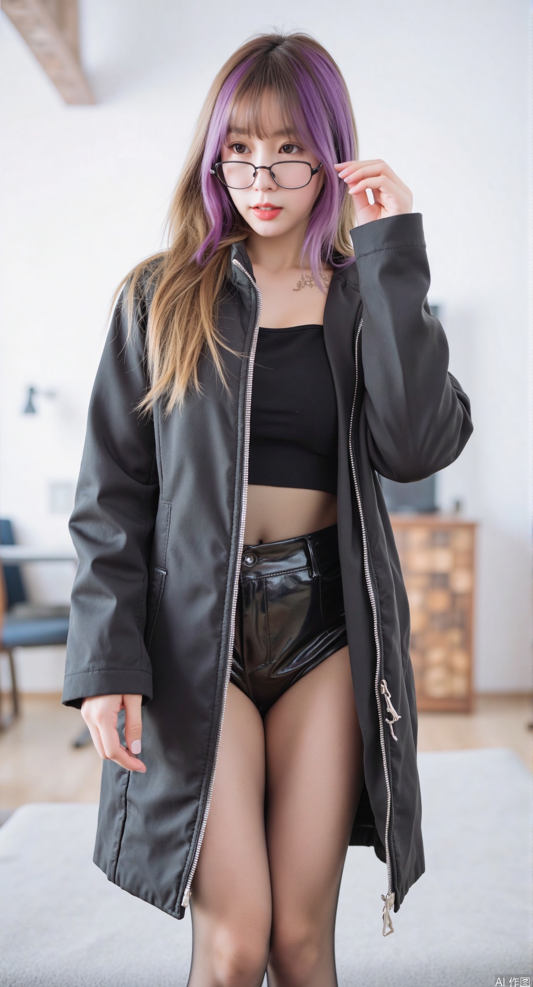 1girl, long hair, brown hair, purple black hair, standing, black jacket, black shine pantyhose,black frames glass,Full-body photo
