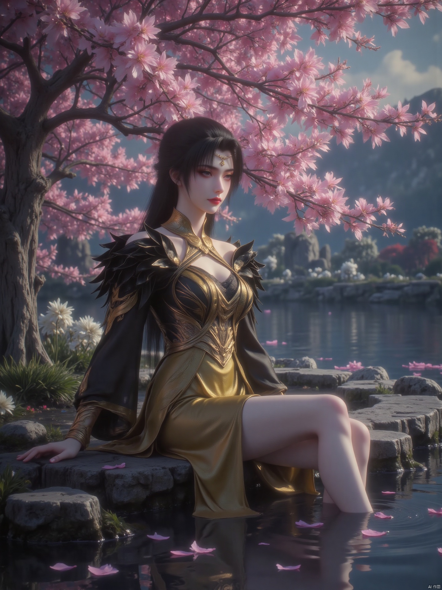 An Asian woman of medium figure, dressed in black and gold costumes, decorated with golden embellishments, and was wearing gold and black shoes, sitting gracefully by the water. The surrounding environment is full of dreamy atmosphere, pink branches stretch out from one side, petals floating on the water surface, white flowers blooming by the water, and the light and shadow on the background create a mysterious and romantic feeling. The overall picture is like a scene in a fairy tale , perfectly blends the beauty of women with dreamy natural elements.