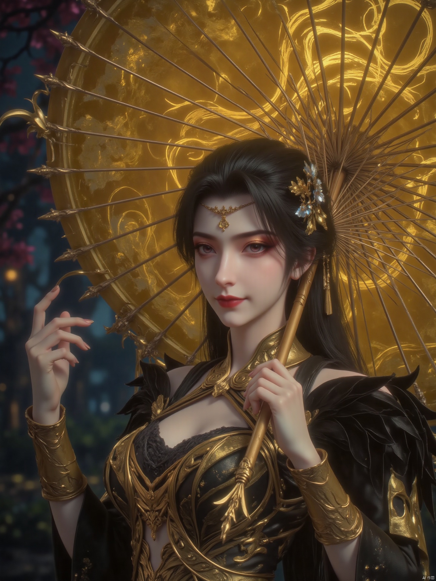 An Asian woman of medium size, wearing a gold necklace with pearls and crowns, with an ornament on her forehead. The woman's hair is long wavy hair, her eyes are bright pink, gold-pink eyeshadow, and her lips are darker pink, adding a touch of beauty to the picture, wearing black gold clothing, wearing a gold necklace and a gold piece bracelet. She held a golden parasol in her right hand, and smiled with her left hand in front of her face. She stood in front of a huge golden umbrella with her left hand on the handle of the umbrella. The umbrella is very textured and has golden patterns, which is in sharp contrast to the women's clothing. The background is the forest at night
