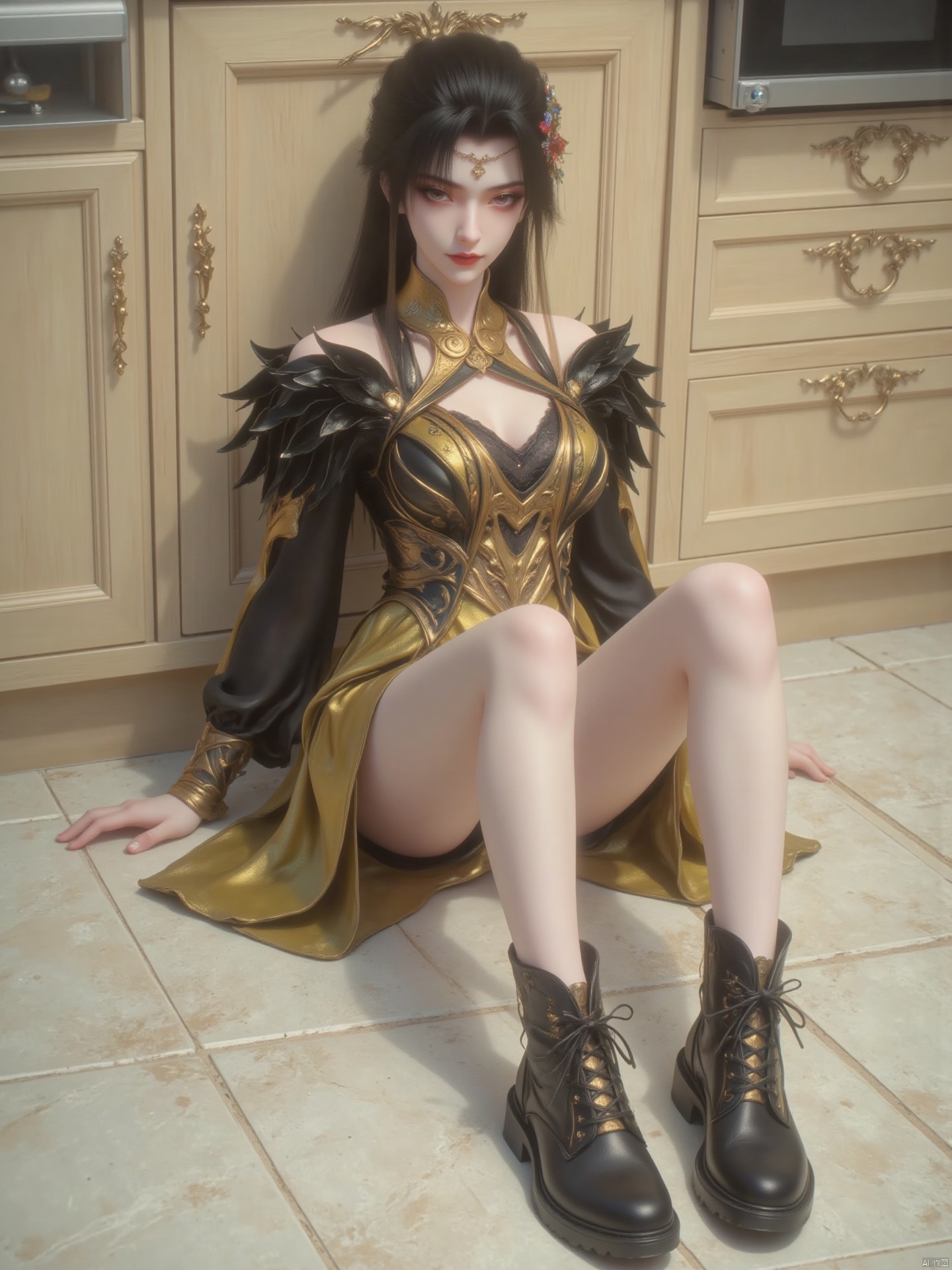 An Asian woman with a medium figure dressed in black and gold costumes, decorated with gold decorations, and gold-black shoes. She sat on the light kitchen floor, with her legs crossed and black thick-soled boots, and her overall look showed A sexy and cool style. The background is light-colored cabinets and appliances embedded in it, creating a home scene atmosphere.