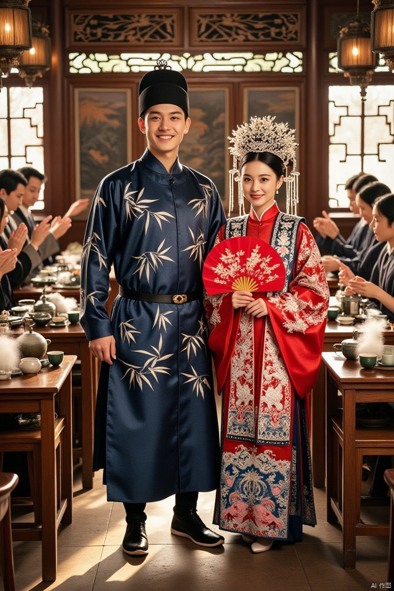 In a bustling, tea-scented traditional Chinese teahouse, a wedding with unique charm is taking place. The groom wears a dark blue robe intricately embroidered with elegant bamboo leaves in silver thread, a black silk sash around his waist, black cloth boots, and a black melon-shaped hat adorned with a smooth white jade. He stands tall, smiling warmly, his eyes filled with deep affection.

The bride is dressed in a vibrant red qipao, meticulously embroidered with auspicious peony patterns, with lace trim at the collar and cuffs, blending traditional Chinese elegance with Western sophistication. She holds a red round fan painted with delicate peach blossoms and wears a small phoenix crown with dangling pearls that gently sway, highlighting her shy beauty.

The couple stands side by side in front of a wooden carved screen depicting a landscape painting, which complements their traditional attire. Around them are antique square tables and wooden stools, with exquisite tea sets steaming on the tables. Guests gather around, their faces beaming with blessings, some holding teacups, others clapping and cheering. Sunlight filters through the carved window lattices, casting dappled shadows, adding a warm and romantic atmosphere to the scene, creating a vivid and lively Chinese wedding tableau.