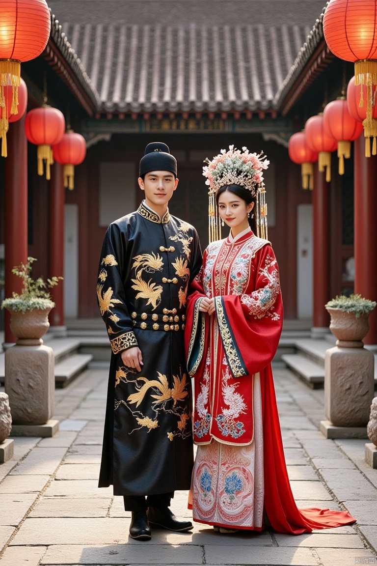 In an antique Chinese courtyard, a young couple is taking wedding photos in traditional Chinese clothing, with a festive and sweet atmosphere pervading the picture.

**Character Costumes:**
- **Groom:** He wears a long black brocade robe with delicate golden cloud patterns embroidered on it. The collar and cuffs are trimmed with red piping. Over the robe, he has a red mandarin jacket embroidered with peony patterns symbolizing good luck and happiness in gold thread. The buttons are black frog buttons with unique designs. He wears a pair of black cloth boots with simple stitched decorations on the surface. On his head is a black skullcap with a warm white jade inlaid in the front.
- **Bride:** She is dressed in a red phoenix coronet and wedding robe. The wedding robe is embroidered with delicate phoenix and peony patterns. The phoenix seems to be spreading its wings, and the peonies are in full bloom, all embroidered with colorful silk threads, making them extremely colorful and eye-catching. Inside, she wears a white silk undergarment with light pink lace embroidered on the collar and cuffs. Below is a red horse-face skirt. The skirt is flowing, the pleats are neat, and the skirt surface is also embroidered with beautiful flower patterns. She wears a pair of red embroidered shoes with patterns of mandarin ducks playing in the water on the upper. On her head is a phoenix coronet, with strings of precious beads and jade hanging down, gently swaying with the movement of her head, shining brightly.

**Scene of the Picture:**
In an antique Chinese courtyard, the vermilion gate is closed tightly, with big red silk ribbons tied to the door knockers. Several pots of plum blossoms in full bloom stand proud against the snow and frost, adding a touch of elegance. The ground is paved with bluestone slabs, showing some signs of age. In the background is an old wooden pavilion with overhanging eaves, brackets, and painted beams and columns. In front of the pavilion, several big red lanterns hang, and the soft light shines on the courtyard, creating a warm and romantic atmosphere.