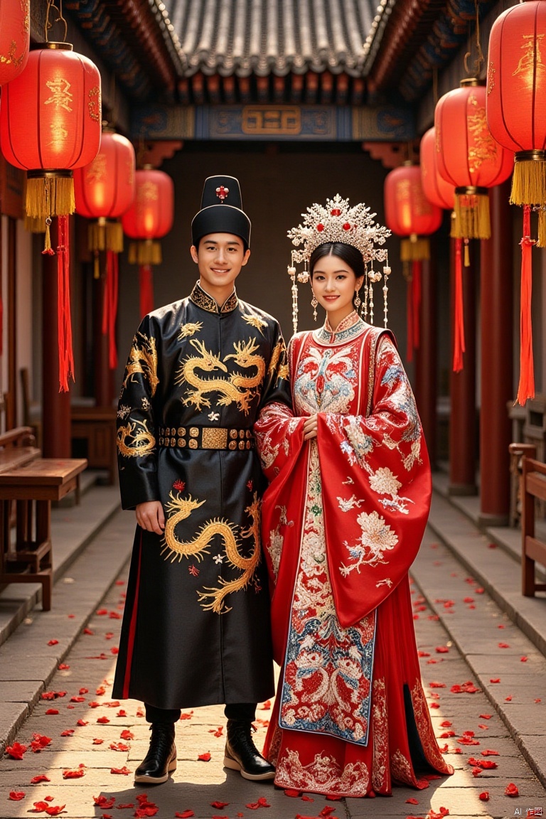In a Chinese courtyard wedding scene adorned with lanterns, red double happiness characters, and silk ribbons, the elaborately dressed traditional Chinese bride and groom stand side by side for a photo. The groom wears a black scholar's cap with red gemstones, a black brocade robe embroidered with golden dragons, and black boots. The bride is crowned with a phoenix headdress adorned with pearls and a vibrant red phoenix robe embroidered with intricate phoenix and peony patterns, holding a red silk绣球. They smile happily, surrounded by floating red petals. The shot is framed to capture the rich colors and classical Chinese atmosphere, with warm, soft lighting enhancing the festive mood.