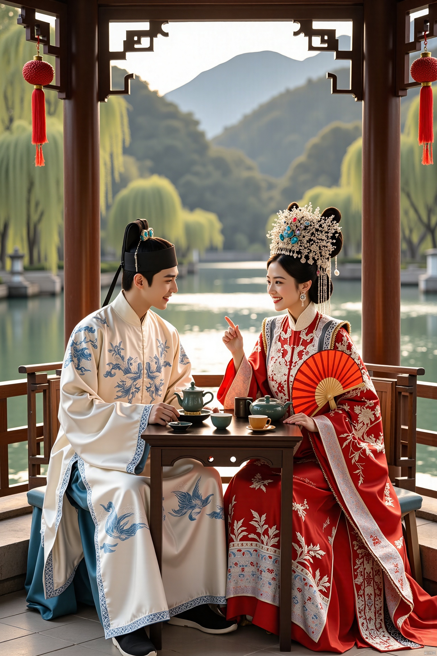In a picturesque Chinese pavilion, backed by rolling green mountains shrouded in mist, a clear stream flows gently, its surface shimmering. Red silk ribbons hang from the pavilion's pillars, fluttering in the breeze, creating a festive atmosphere.

The groom and bride sit facing each other at an ancient square table inside the pavilion. The groom wears a moon-white robe embroidered with delicate cloud patterns in light blue silk thread, with white lace trim at the collar and cuffs, and a blue sash around his waist. He wears a black hairpin crown adorned with a blue gemstone, looking dignified and handsome. He gazes lovingly at the bride, his lips curved into a happy smile.

The bride is dressed in a bright red traditional Chinese wedding gown, embroidered with intricate mandarin duck patterns symbolizing love. The gown's train drapes on the ground like a blooming flower. She wears a magnificent phoenix crown with dangling pearls that tinkle softly. She holds a red round fan, half-covering her face, her eyes filled with bashfulness and joy.

On the table, a set of exquisite Chinese tea ware steams with fragrant tea, and a pair of red candles flicker, casting a warm glow on their joyful faces. They sit facing each other, surrounded by the beauty of the mountains and the stream, capturing a moment filled with love and sweetness, a scene brimming with poetry and romance, showcasing the elegance of traditional Chinese aesthetics.