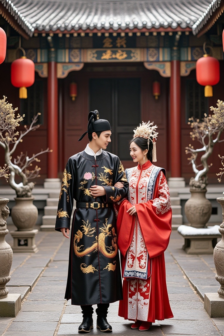 In an antique Chinese courtyard, a young couple is taking wedding photos in traditional Chinese clothing, with a festive and sweet atmosphere pervading the picture.

**Character Costumes:**
- **Groom:** He wears a long black brocade robe with delicate golden cloud patterns embroidered on it. The collar and cuffs are trimmed with red piping. Over the robe, he has a red mandarin jacket embroidered with peony patterns symbolizing good luck and happiness in gold thread. The buttons are black frog buttons with unique designs. He wears a pair of black cloth boots with simple stitched decorations on the surface. On his head is a black skullcap with a warm white jade inlaid in the front.
- **Bride:** She is dressed in a red phoenix coronet and wedding robe. The wedding robe is embroidered with delicate phoenix and peony patterns. The phoenix seems to be spreading its wings, and the peonies are in full bloom, all embroidered with colorful silk threads, making them extremely colorful and eye-catching. Inside, she wears a white silk undergarment with light pink lace embroidered on the collar and cuffs. Below is a red horse-face skirt. The skirt is flowing, the pleats are neat, and the skirt surface is also embroidered with beautiful flower patterns. She wears a pair of red embroidered shoes with patterns of mandarin ducks playing in the water on the upper. On her head is a phoenix coronet, with strings of precious beads and jade hanging down, gently swaying with the movement of her head, shining brightly.

**Scene of the Picture:**
In an antique Chinese courtyard, the vermilion gate is closed tightly, with big red silk ribbons tied to the door knockers. Several pots of plum blossoms in full bloom stand proud against the snow and frost, adding a touch of elegance. The ground is paved with bluestone slabs, showing some signs of age. In the background is an old wooden pavilion with overhanging eaves, brackets, and painted beams and columns. In front of the pavilion, several big red lanterns hang, and the soft light shines on the courtyard, creating a warm and romantic atmosphere.