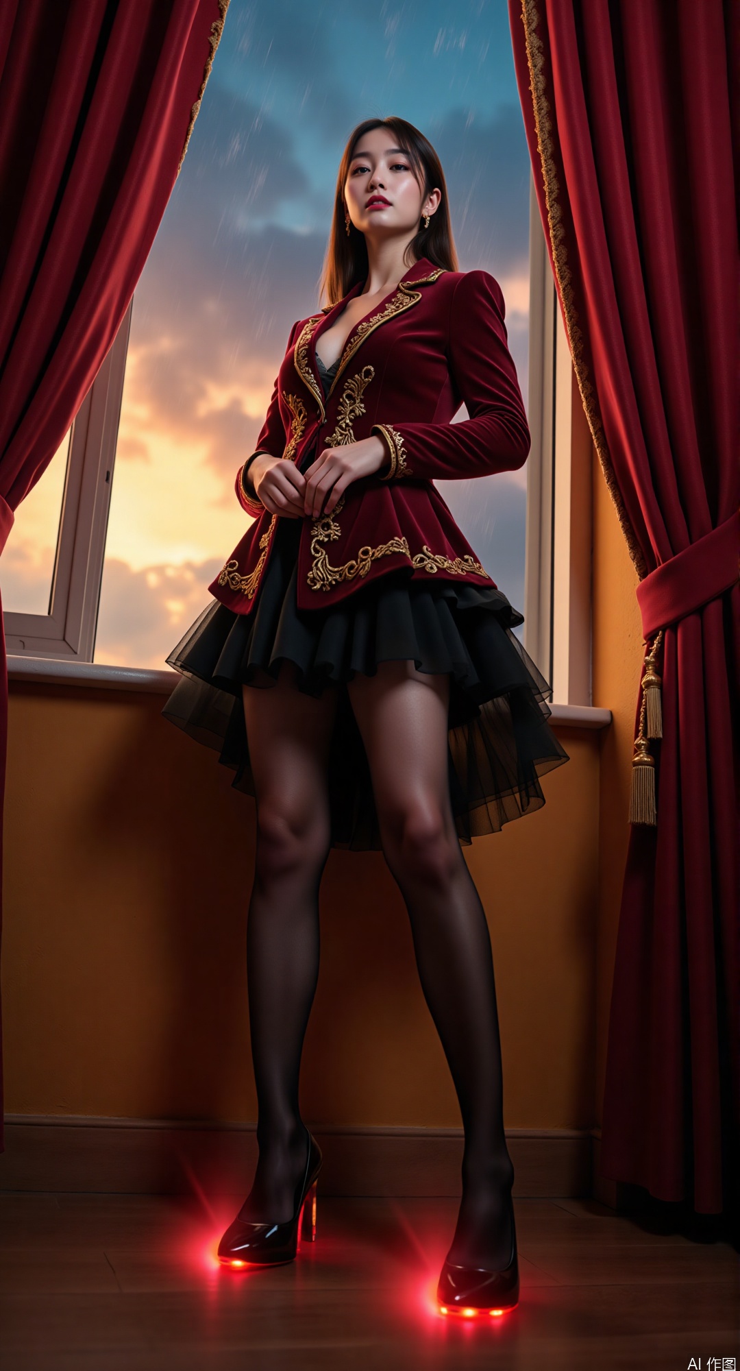 best quality, masterpiece, ultra high res, (photorealistic:1.4), raw photo, dynamic low angle, 18-year-old girl wearing burgundy velvet opera coat with gold filigree, black taffeta tiered skirt, gradient stockings transitioning from #7F4145 to #E3C4CD, posing on Baroque theater balcony under sunset storm clouds, LED shoes illuminating rain curtain with Prismacolor 994频谱, super long legs outlined by chiaroscuro lighting
