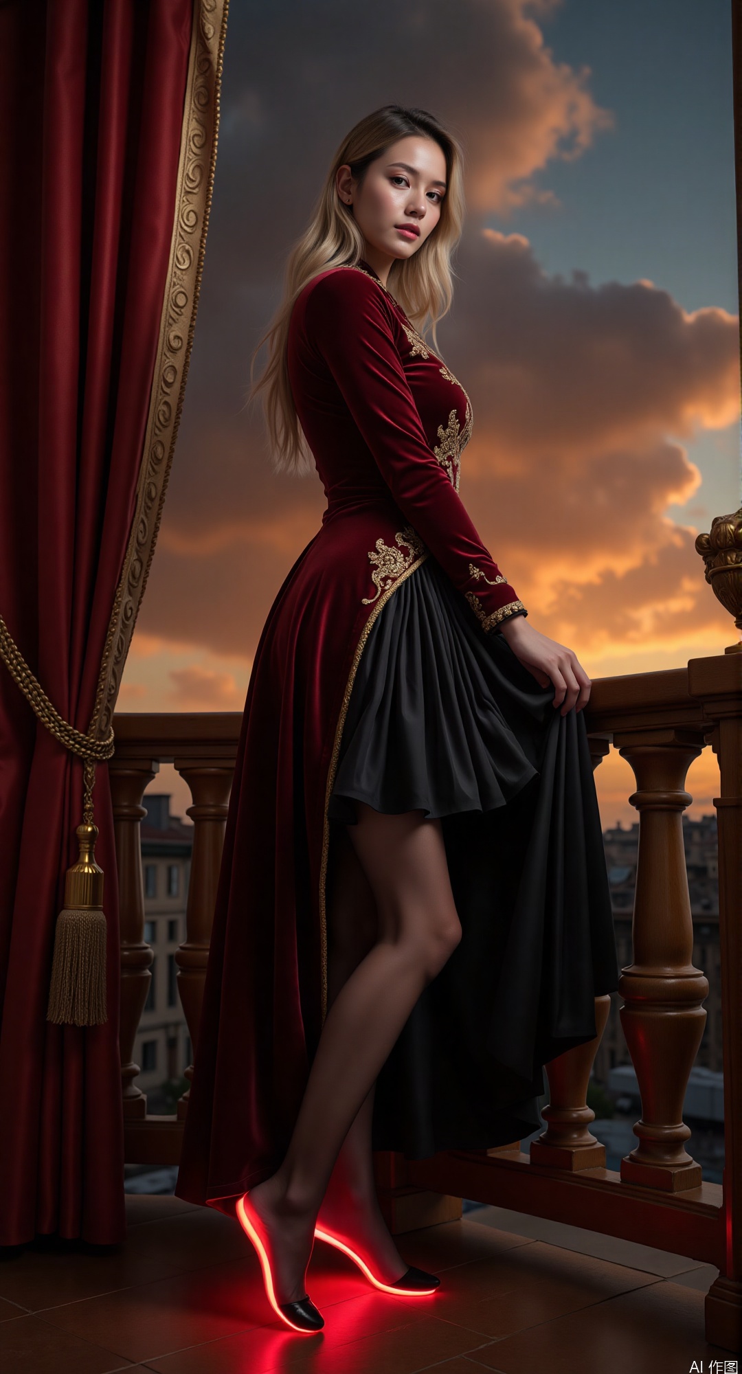 best quality, masterpiece, ultra high res, (photorealistic:1.4), raw photo, dynamic low angle, 18-year-old girl wearing burgundy velvet opera coat with gold filigree, black taffeta tiered skirt, gradient stockings transitioning from #7F4145 to #E3C4CD, posing on Baroque theater balcony under sunset storm clouds, LED shoes illuminating rain curtain with Prismacolor 994频谱, super long legs outlined by chiaroscuro lighting，dress lift