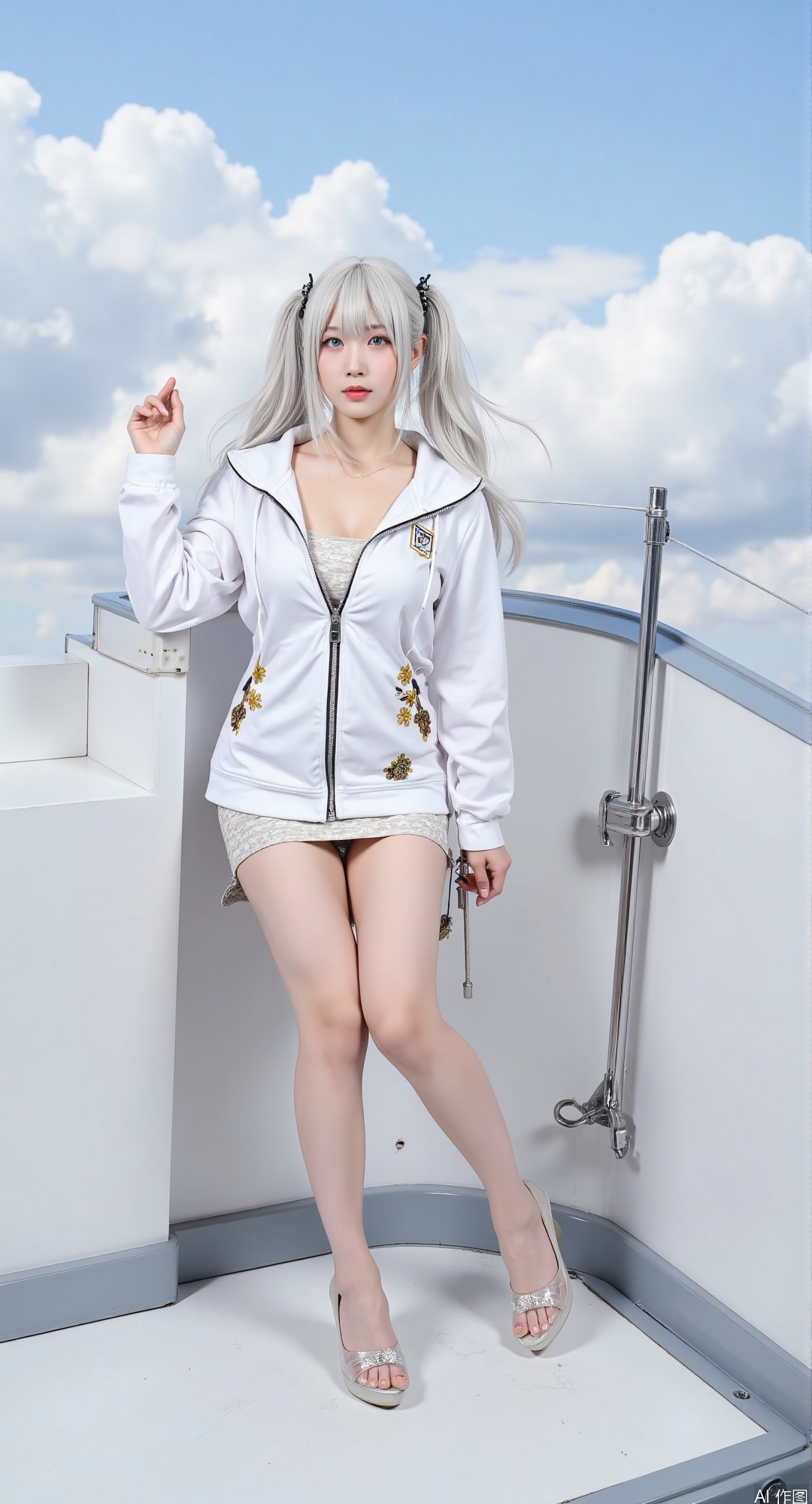 1girl, solo, in a realistic and detailed setting. She has white, long hair styled in low twintails, with some strands floating gently as if in a light breeze. Her hair is adorned with a simple, yet noticeable hair ornament. She has striking blue eyes that are looking directly at the viewer, with a neutral, expressionless face and her mouth closed.
 
She is wearing a white jacket with a hood, which is currently down. Underneath the jacket, she has on a dress. The outfit features visible gears and mechanical joints, giving a hint of a steampunk or cybernetic influence, but presented in a highly realistic manner.
 
The background shows a clear sky with fluffy, realistic clouds. The shot is taken from above, providing a comprehensive view of the girl. The image is crafted to be a masterpiece with the best quality, high resolution (highres), and extremely detailed (absurdres), giving a very aesthetic and natural look, free from any overly stylized artistic filters.
 
This image aims to capture the essence of a real person with unique features in a vivid and lifelike way, without relying on specific artist style weights as they may introduce more stylized elements that deviate from pure realism.  white transparent shoes,long legs,enjoy face