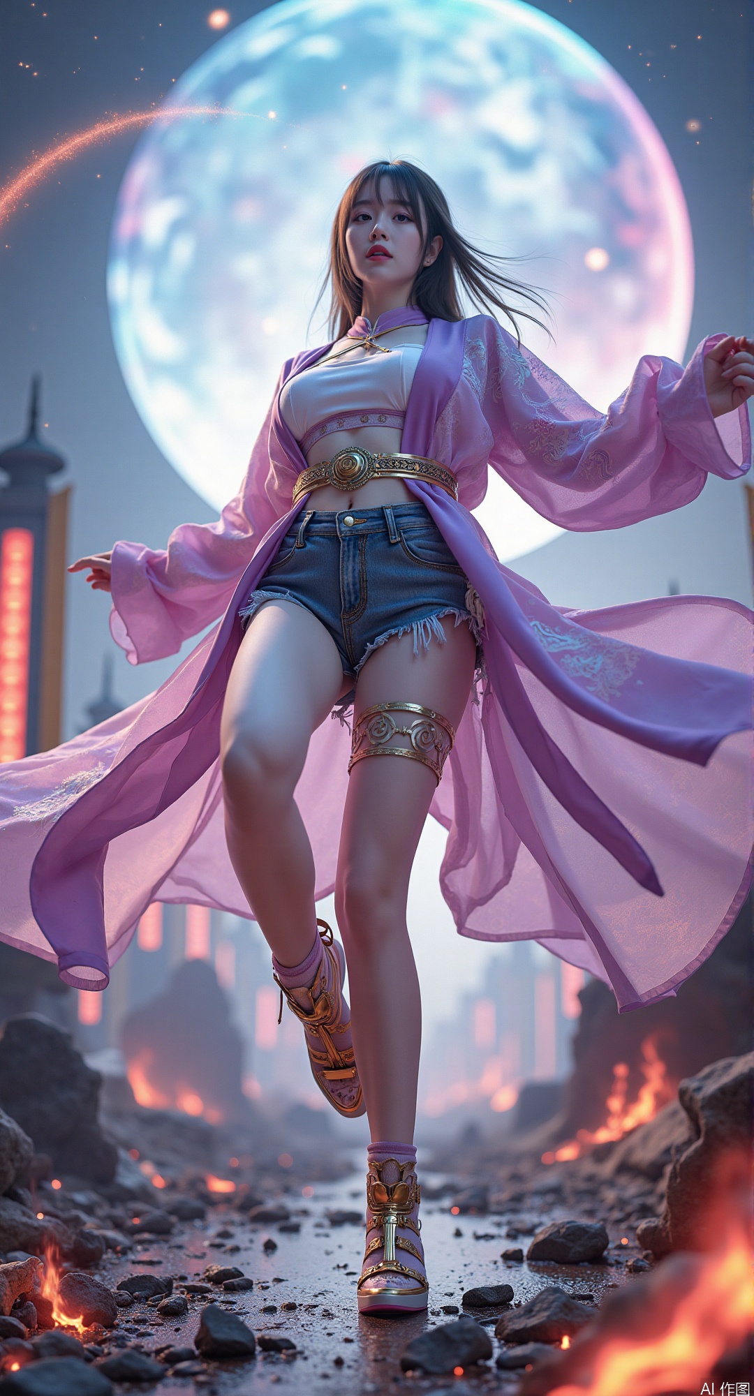 A detailed and vivid image of an 18-year-old girl dressed in cyber-Tang fusion attire with a strong emphasis on unique and futuristic elements. The attire features a modified cross-collar robe with a weight of 1.5, adorned with peony biomechanical embroidery that glows through cracks, having a weight of 1.6. The wind-torn sleeves, with a weight of 1.4, reveal hydraulic joints with golden filigree, weighted at 1.5.
She is wearing silk thigh-high stockings with a weight of 1.7, and interlocked dragon-gold garters that cast subsurface scattering in #FFD700 hues, with a weight of 1.6. Bioluminescent meridians, with a weight of 1.6, map acupuncture point constellations, weighted at 1.4. There is a leg chain system with a weight of 1.5, which includes:
Jade bi discs engraved with 28 lunar mansions, with a weight of 1.4.
Bronze fenghuang pendants with enamel cloisonné, having a weight of 1.3.
Silk tassels dyed wisteria purple, with a weight of 1.2.
Instead of the previous boots, she now sports high-heeled shoes with a design that complements the overall cyber-Tang aesthetic. These high heels might have a sleek silhouette, perhaps adorned with bronze cloud rivets similar to the previous boot design (weight 1.4) and featuring star chart treads (weight 1.3) on the soles, giving a sense of both elegance and technological prowess.
The girl is in a forward-thrust stomping pose with a weight of 1.6, creating celadon shockwave cracks, weighted at 1.5, and shattered porcelain debris, with a weight of 1.4, clinging to hexagonal anti-slip patterns, having a weight of 1.3.
The background showcases an apocalyptic Tang sky with a weight of 1.6, containing a quantum yin-yang vortex that emits #6A0DAD and #00BFFF auroras, with a weight of 1.7. Collapsing pagoda pillars, with a weight of 1.4, refract neon glaze projections onto her legs, having a weight of 1.5.
The lighting setup is a three-point lighting system with a weight of 1.6, including impact glow, celestial rays, and neon corrosion. The image is captured from an extreme low angle of 0.2m with a weight of 1.6, using a 14mm fisheye lens with a weight of 1.5 and a k1=0.6 distortion. There is motion blur with a weight of 1.4 on the bamboo storm deflection, having a weight of 1.3, and nanobot repair trails along stress lines, with a weight of 1.5.
