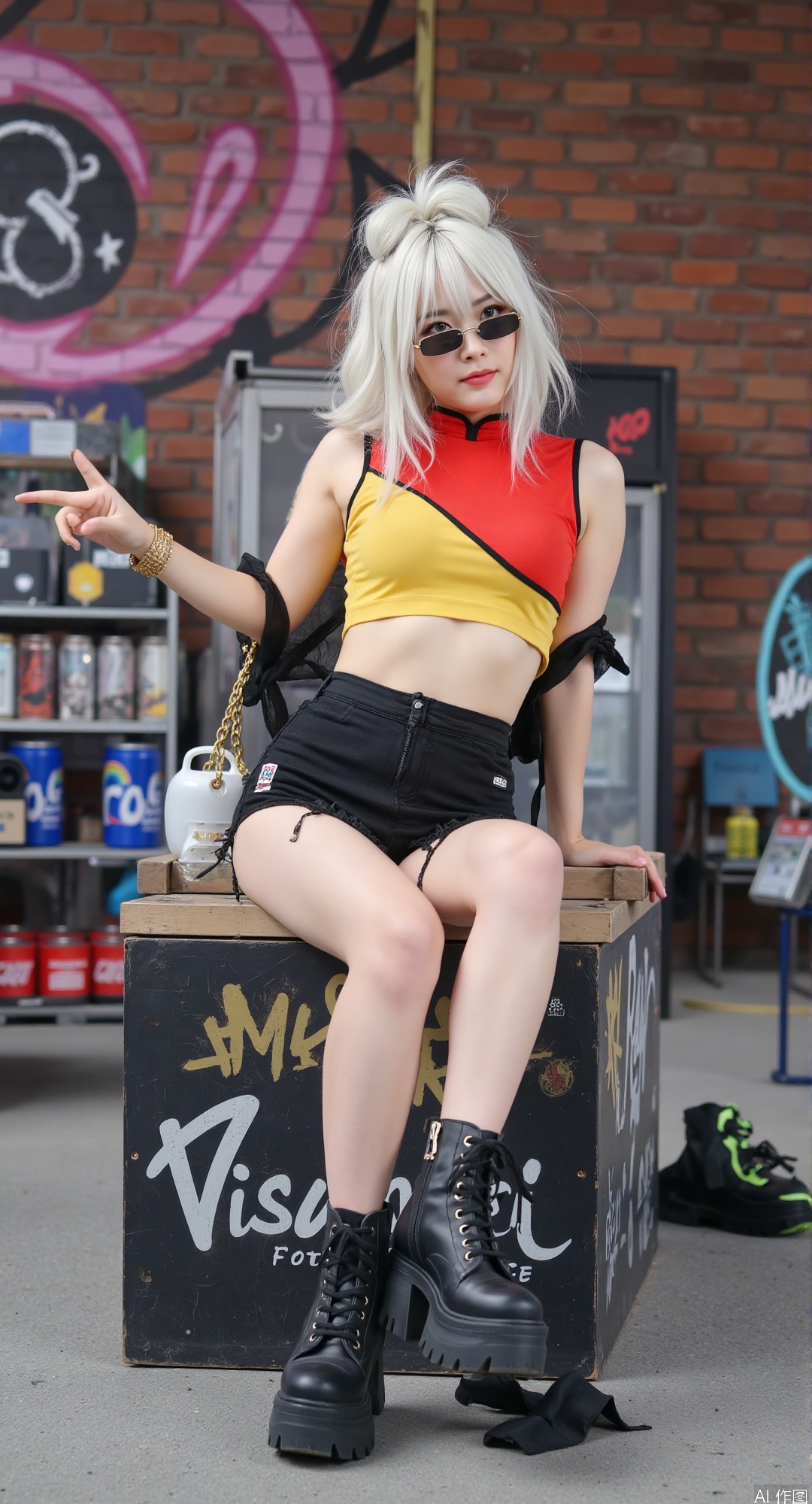 Street Fashion, 1girl, solo, long white hair with bangs. She's sitting in a full - body shot, wearing a trendy, cropped bodysuit in a bold color contrast. Her hair is in a messy bun, giving an effortlessly cool look. Her high - heel boots are black, with chunky soles and unique patterns, like graffiti - inspired designs. The brick wall behind her is covered in modern street art, with bright colors and urban - themed murals.