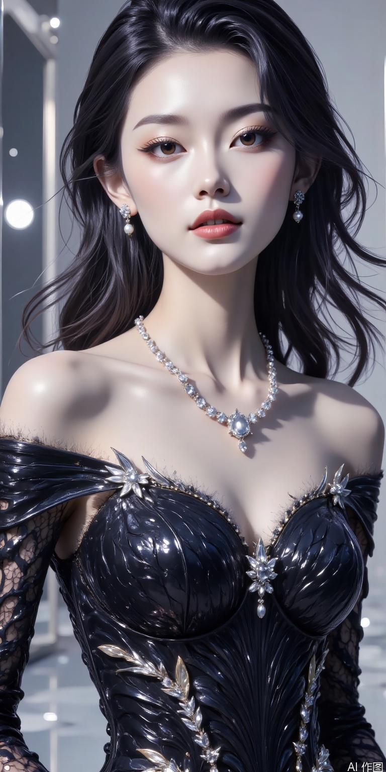 Asian models wore off-shoulder black evening dress and wore platinum necklace. The soft-light studio highlighted the luster of the collarbone and diamonds. The pearl earrings and necklace form a material contrast, and the mirror floor reflects the overall shape.
