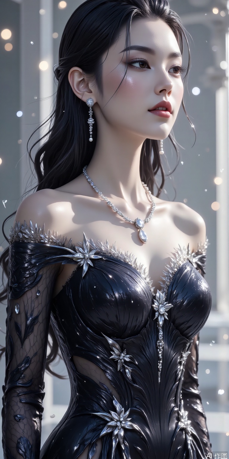 Asian models wore off-shoulder black evening dress and wore platinum necklace. The soft-light studio highlighted the luster of the collarbone and diamonds. The pearl earrings and necklace form a material contrast, and the mirror floor reflects the overall shape.