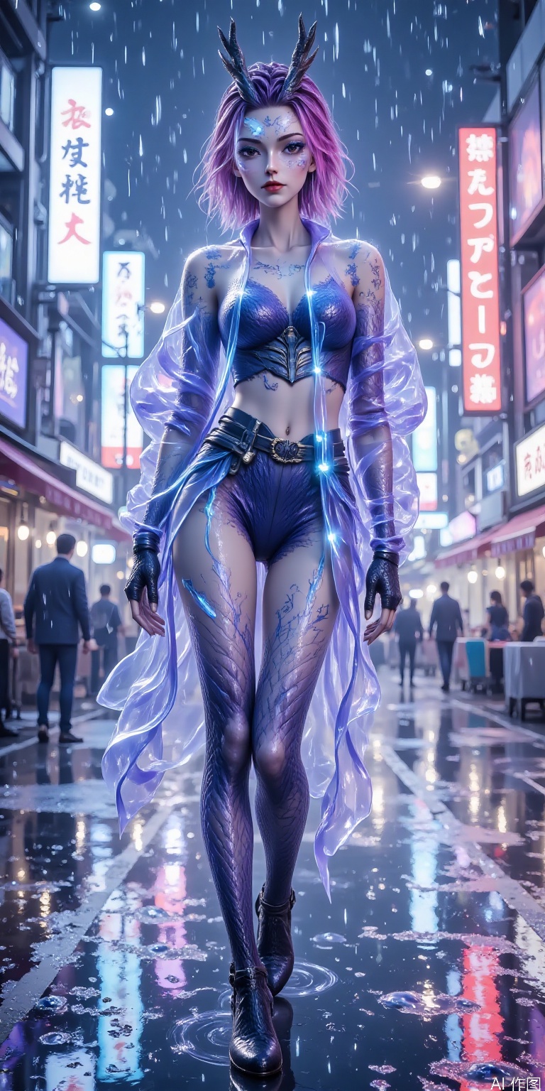 "A fashionable beauty in cyberpunk style, wearing a fluorescent blue-purple transparent jacket, mechanical tights inside, luminous circuit tattoo on her arms, neon pink highlighted short hair, and holographic projection goggles. The background is Tokyo streets on rainy nights, neon signs and holographic billboards flash, wet ground reflects colorful light and shadow, cyberpunk 2077 style, super realistic 8K details, movie-level light and shadow."
