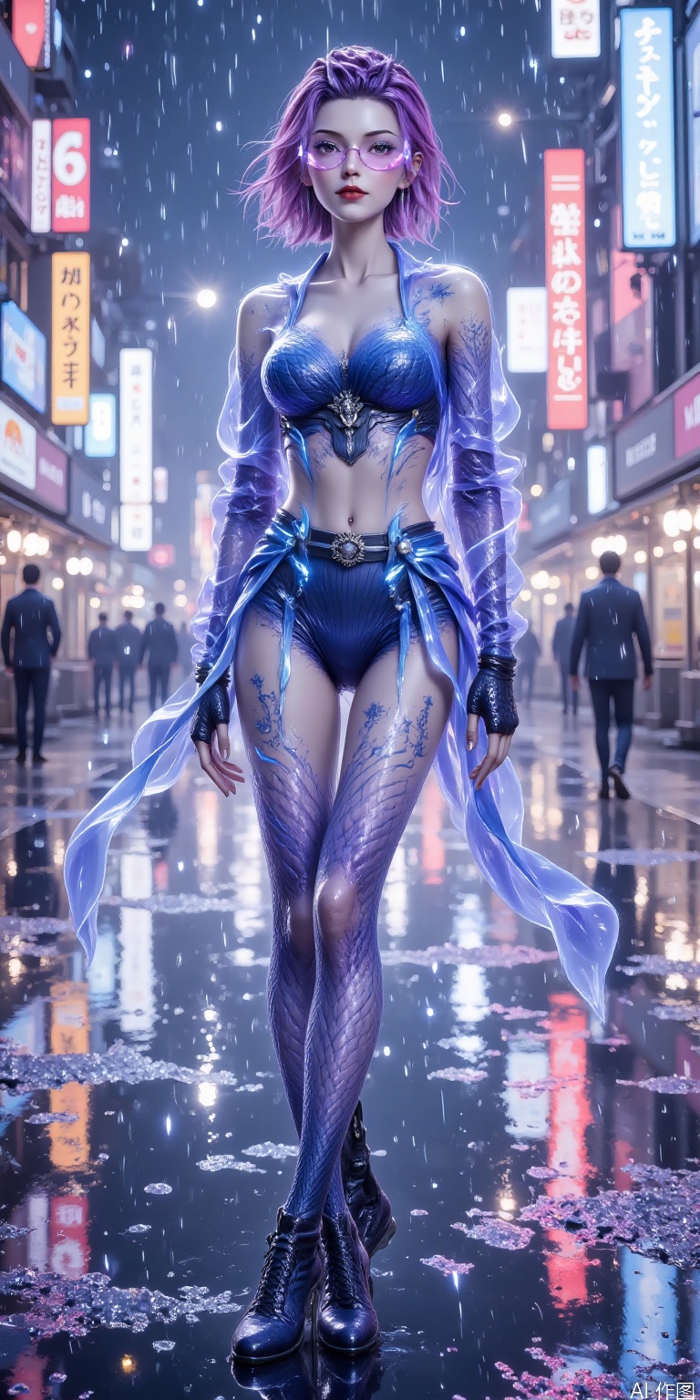 "A fashionable beauty in cyberpunk style, wearing a fluorescent blue-purple transparent jacket, mechanical tights inside, luminous circuit tattoo on her arms, neon pink highlighted short hair, and holographic projection goggles. The background is Tokyo streets on rainy nights, neon signs and holographic billboards flash, wet ground reflects colorful light and shadow, cyberpunk 2077 style, super realistic 8K details, movie-level light and shadow."
